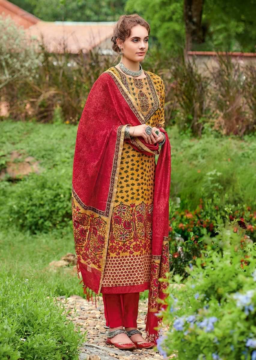 Ochre Beige Straight Cut Suit In Tussar Silk With Block Print In Floral Pattern