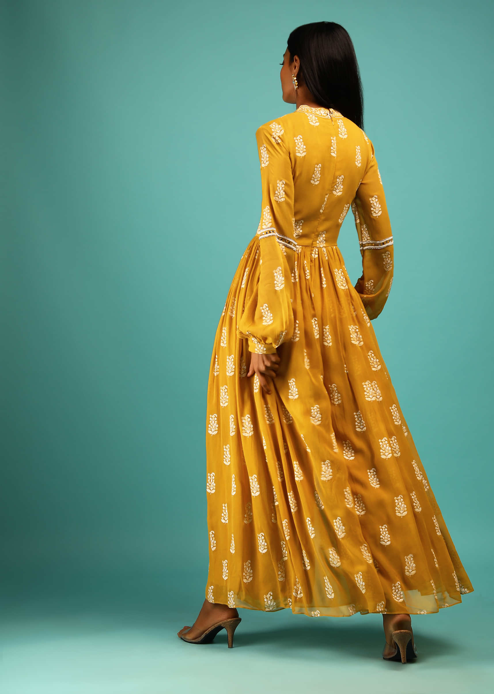 Ochre Yellow Jumpsuit In Georgette With Floral Print And Stone Work