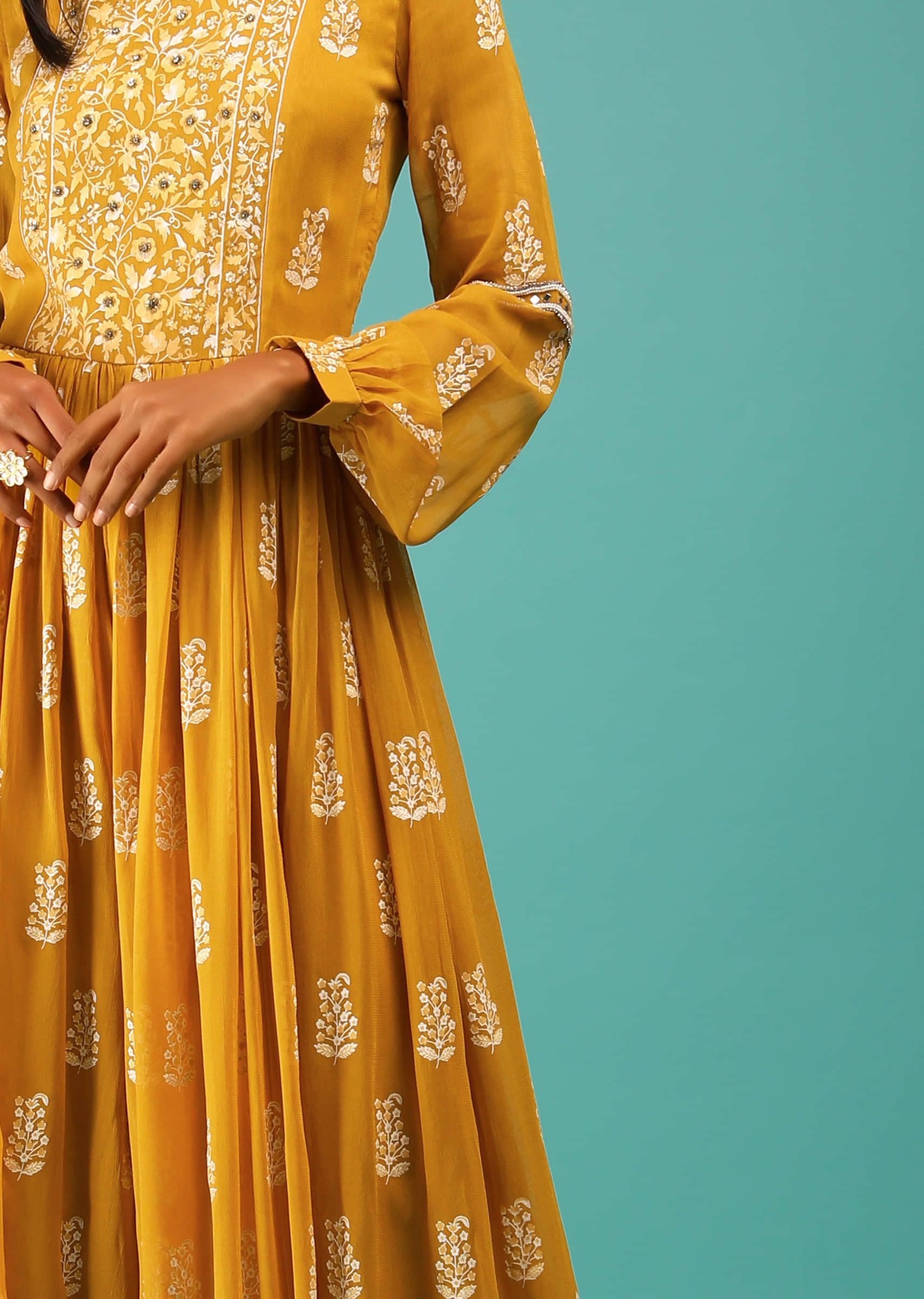 Ochre Yellow Jumpsuit In Georgette With Floral Print And Stone Work