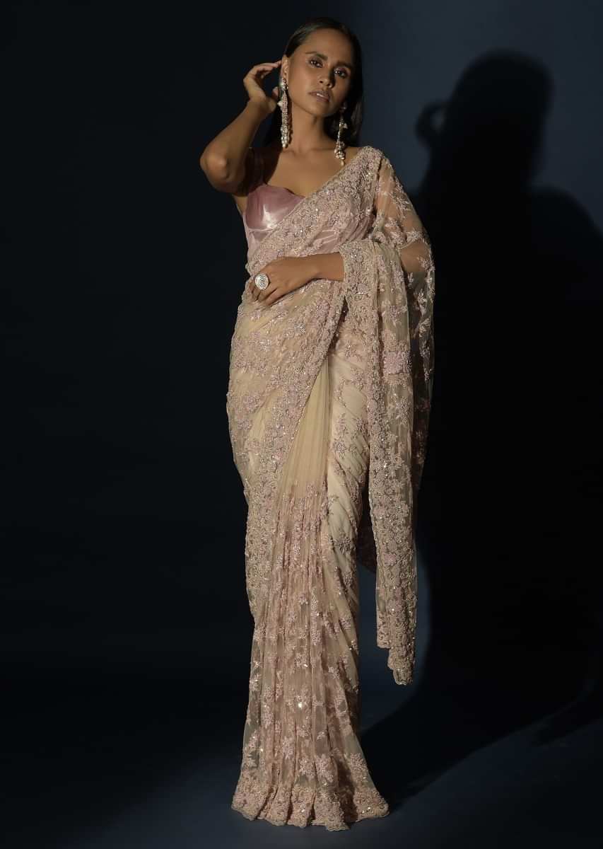 Beige Saree In Net With Light Peach Resham And Sequins Embroidered Floral Jaal  
