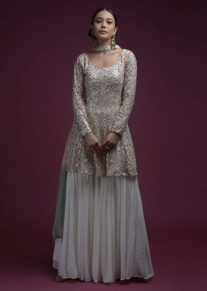 Off-White Georgette Sharara Suit with Peplum Kurti in Colorful Resham and Mirror Abla Jaal