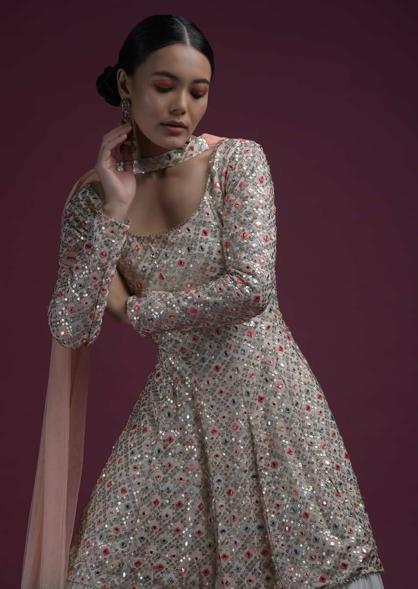 Off White Sharara Suit In Georgette With Peplum Kurti Adorned In Colorful Resham And Mirror Abla Jaal