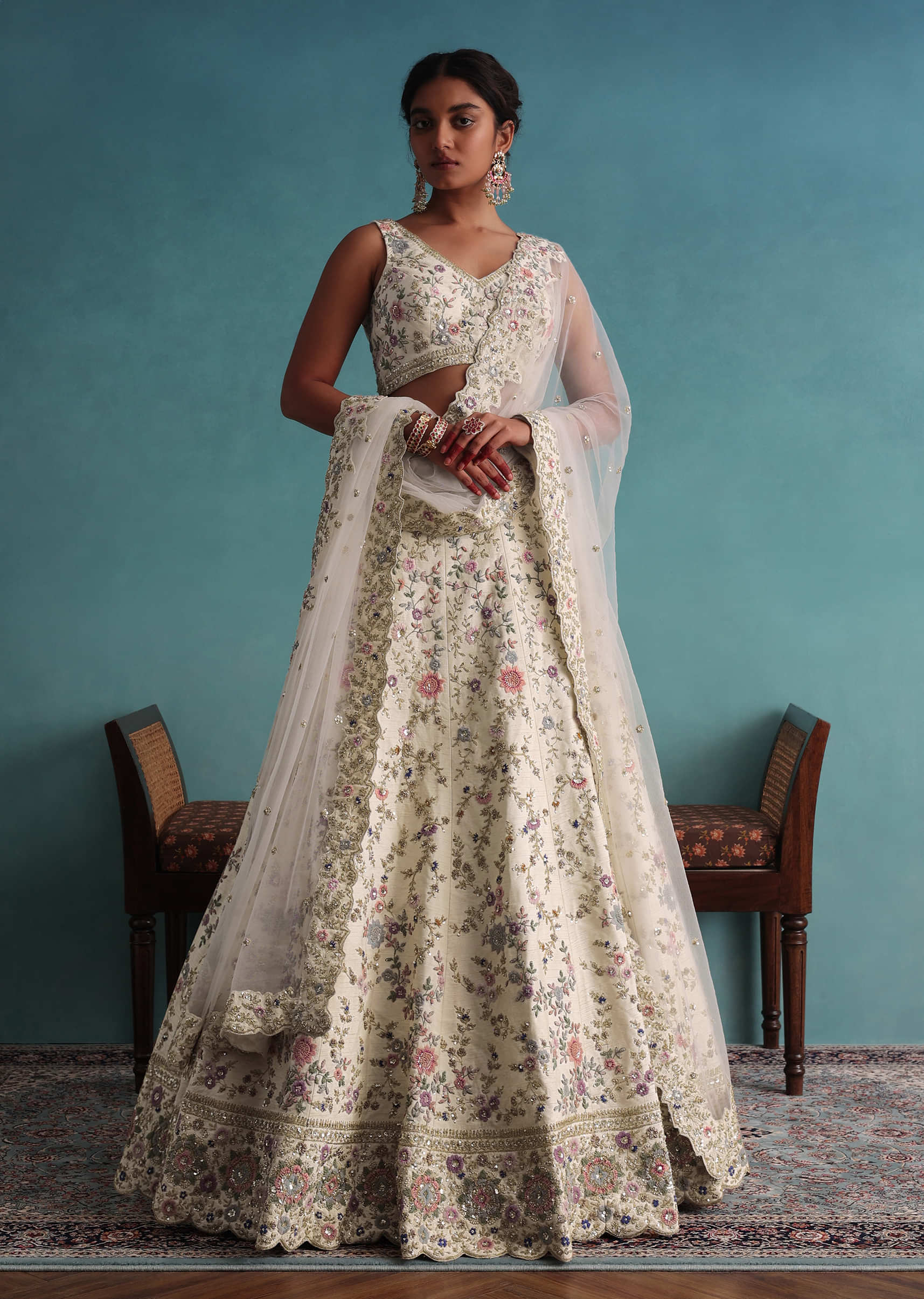 Off White 12 Kali Bridal Embroidered Lehenga In Raw Silk With Floral Handwork