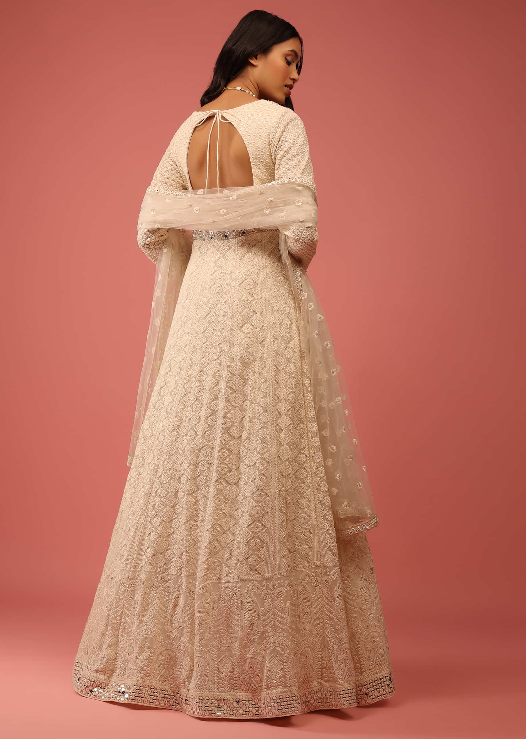 Off White Anarkali Suit In Georgette With Lucknowi Thread Embroidered Kalis And Mughal Border