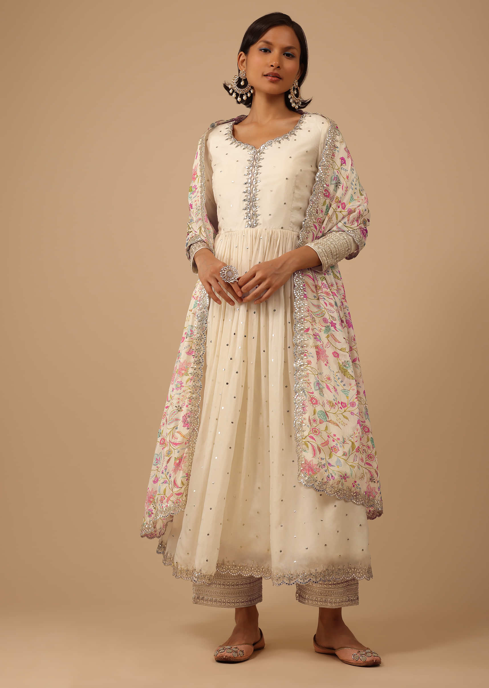 Off White Anarkali Suit Set In Organza With Multicolor Floral Embroidery