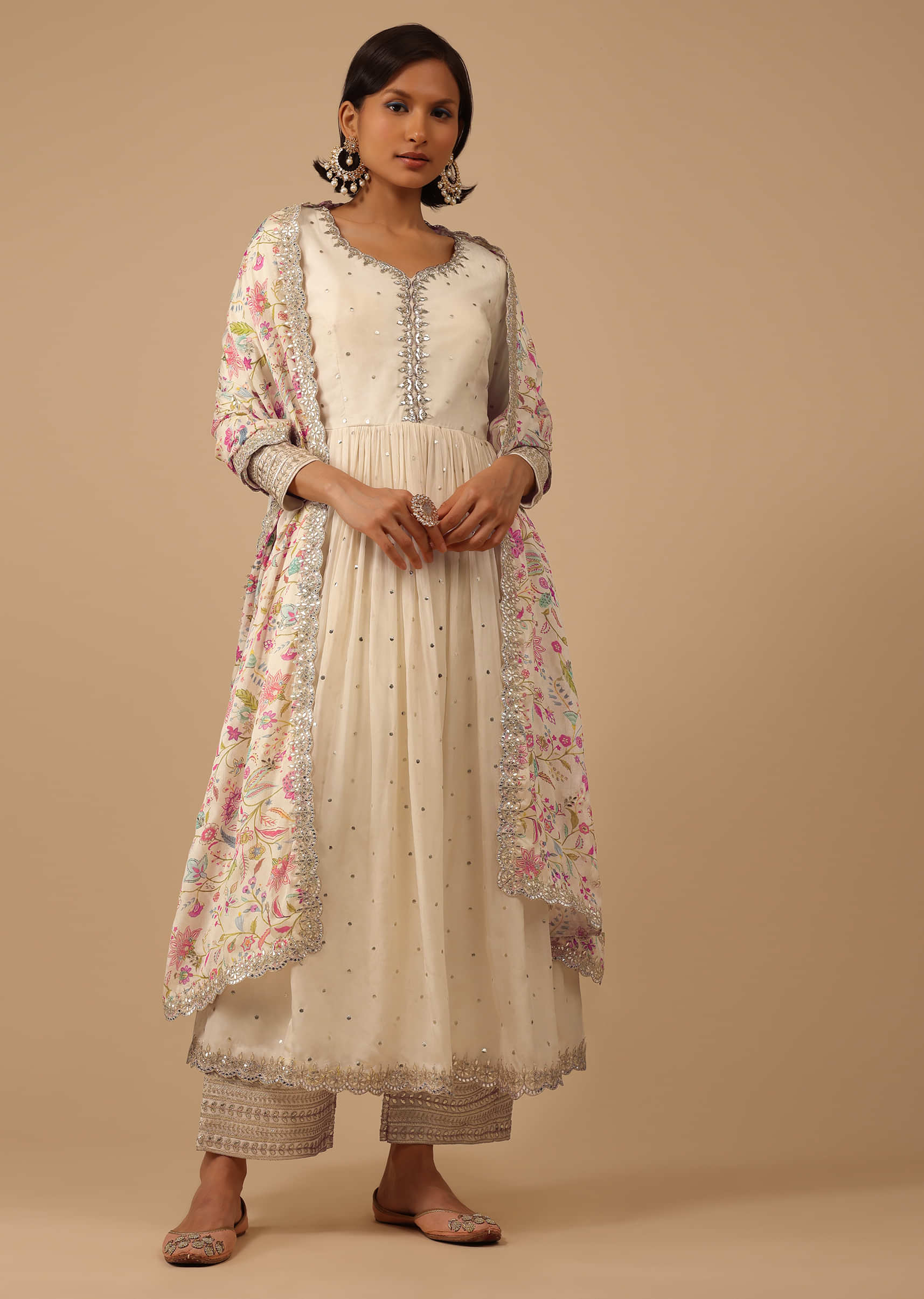 Off White Anarkali Suit Set In Organza With Multicolor Floral Embroidery