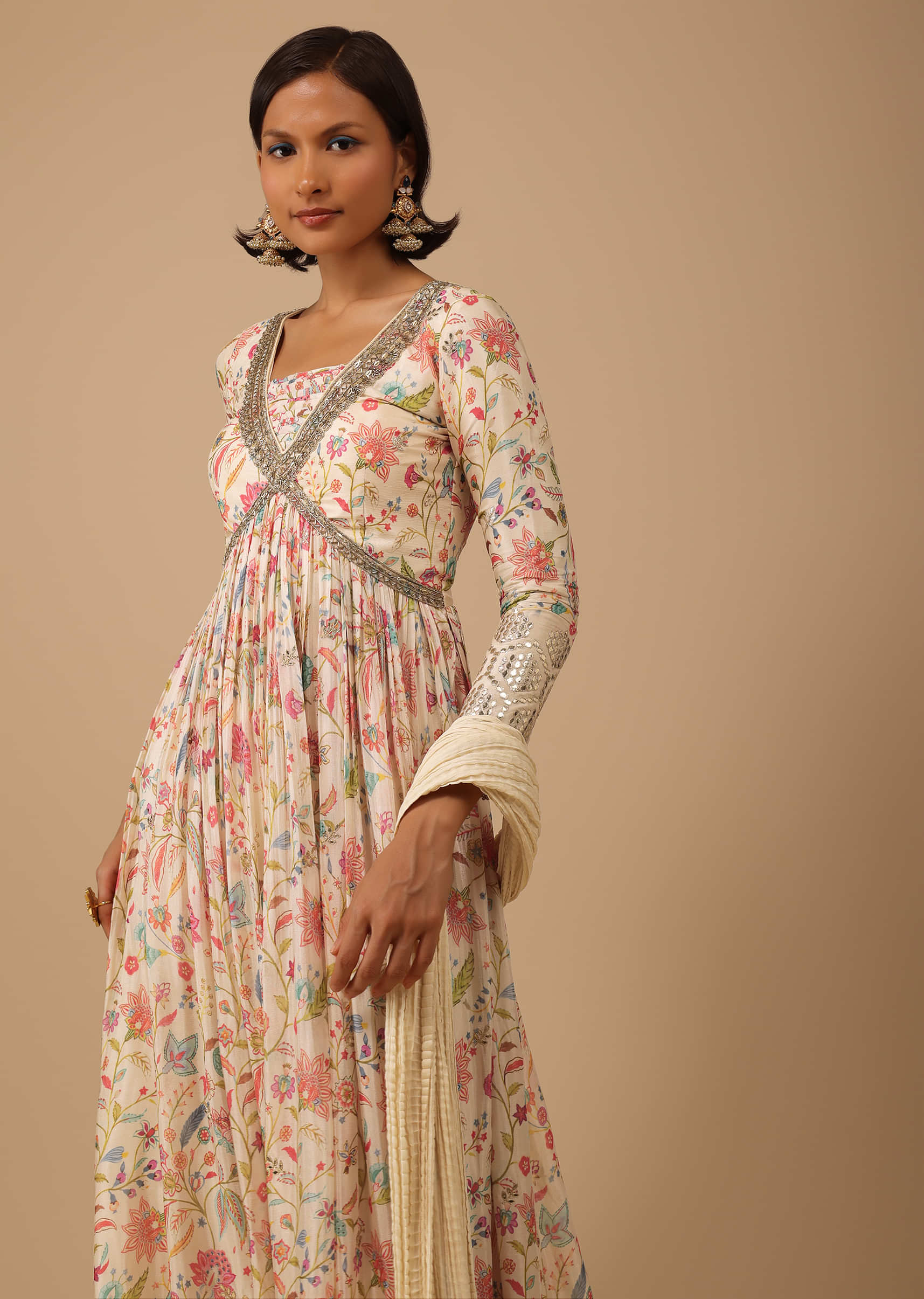 Off White Chinon Anarkali Suit Set With Floral Print And Flare