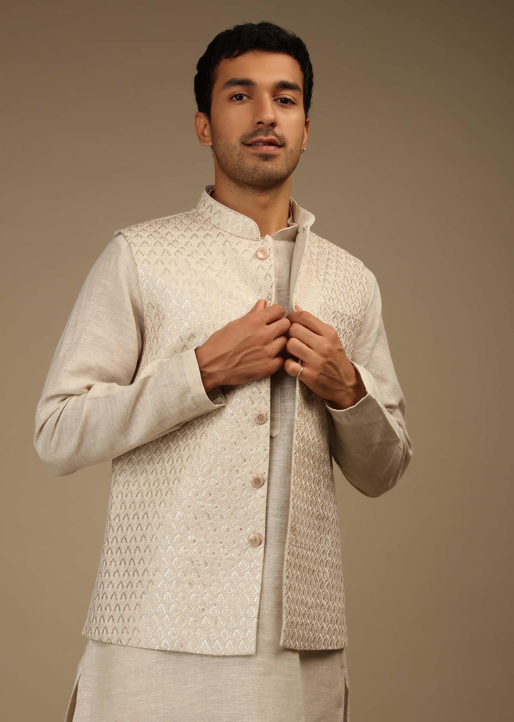 Off White Nehru Jacket And Kurta Set In Linen Silk With Resham And Sequins Embroidered Moroccan Jaal