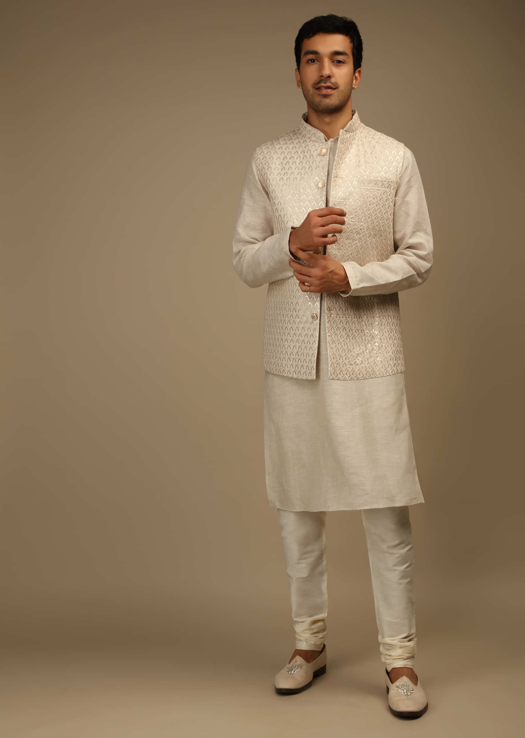 Off White Nehru Jacket And Kurta Set In Linen Silk With Resham And Sequins Embroidered Moroccan Jaal