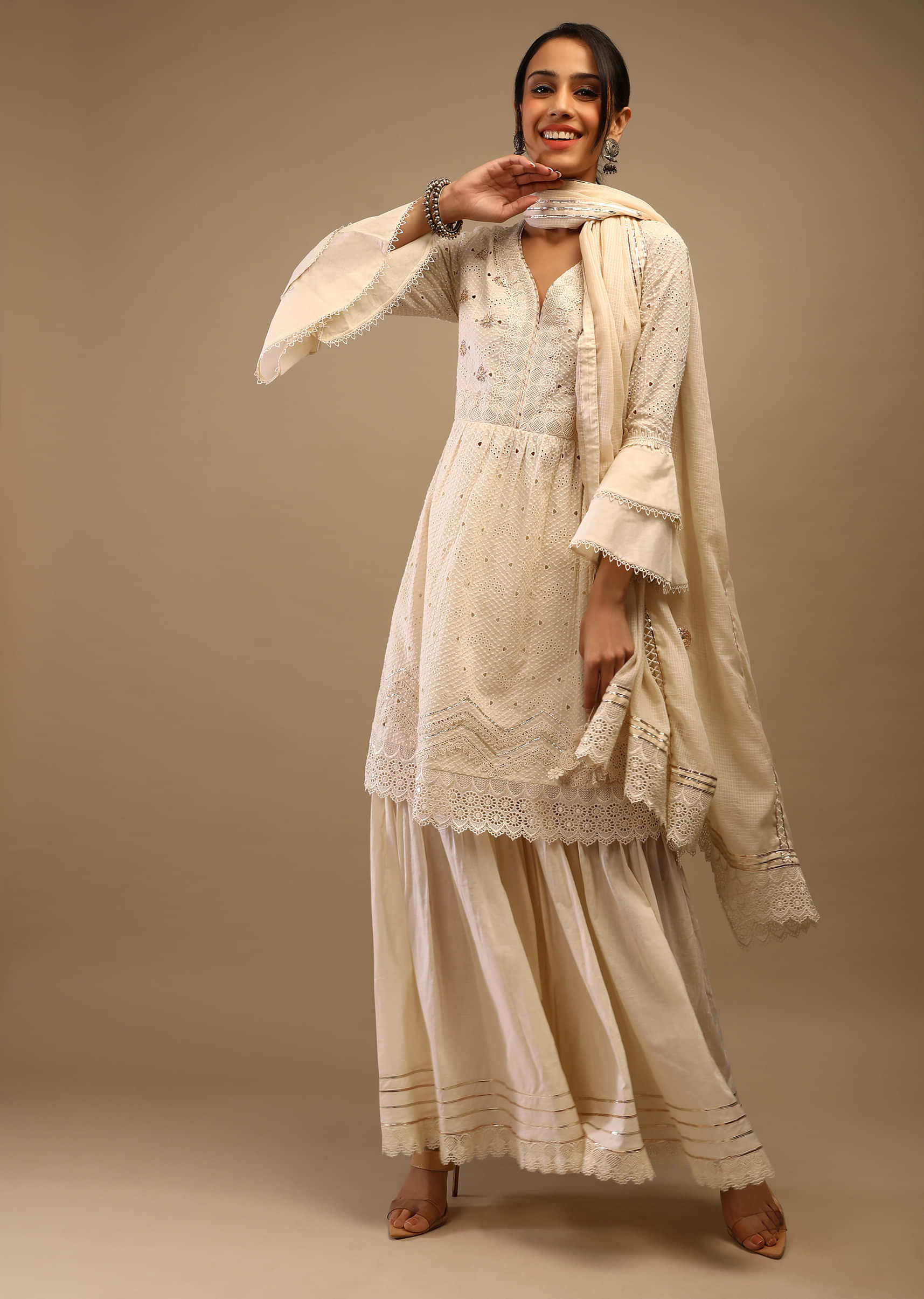 Off White Sharara Suit In Cotton With Thread Cut Work Embroidered Geometric Design And Mirror Accents  
