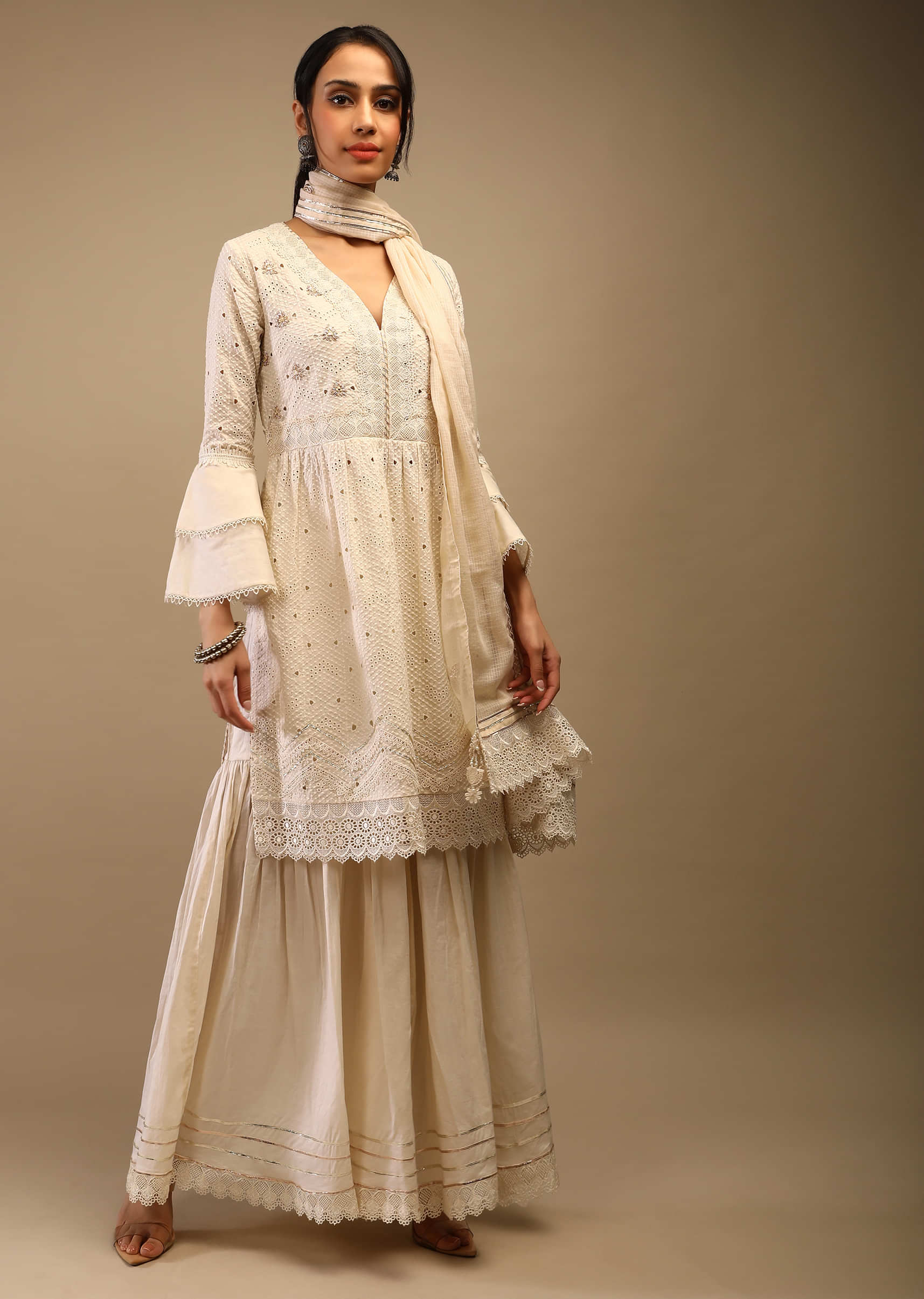 Off White Sharara Suit In Cotton With Thread Cut Work Embroidered Geometric Design And Mirror Accents  