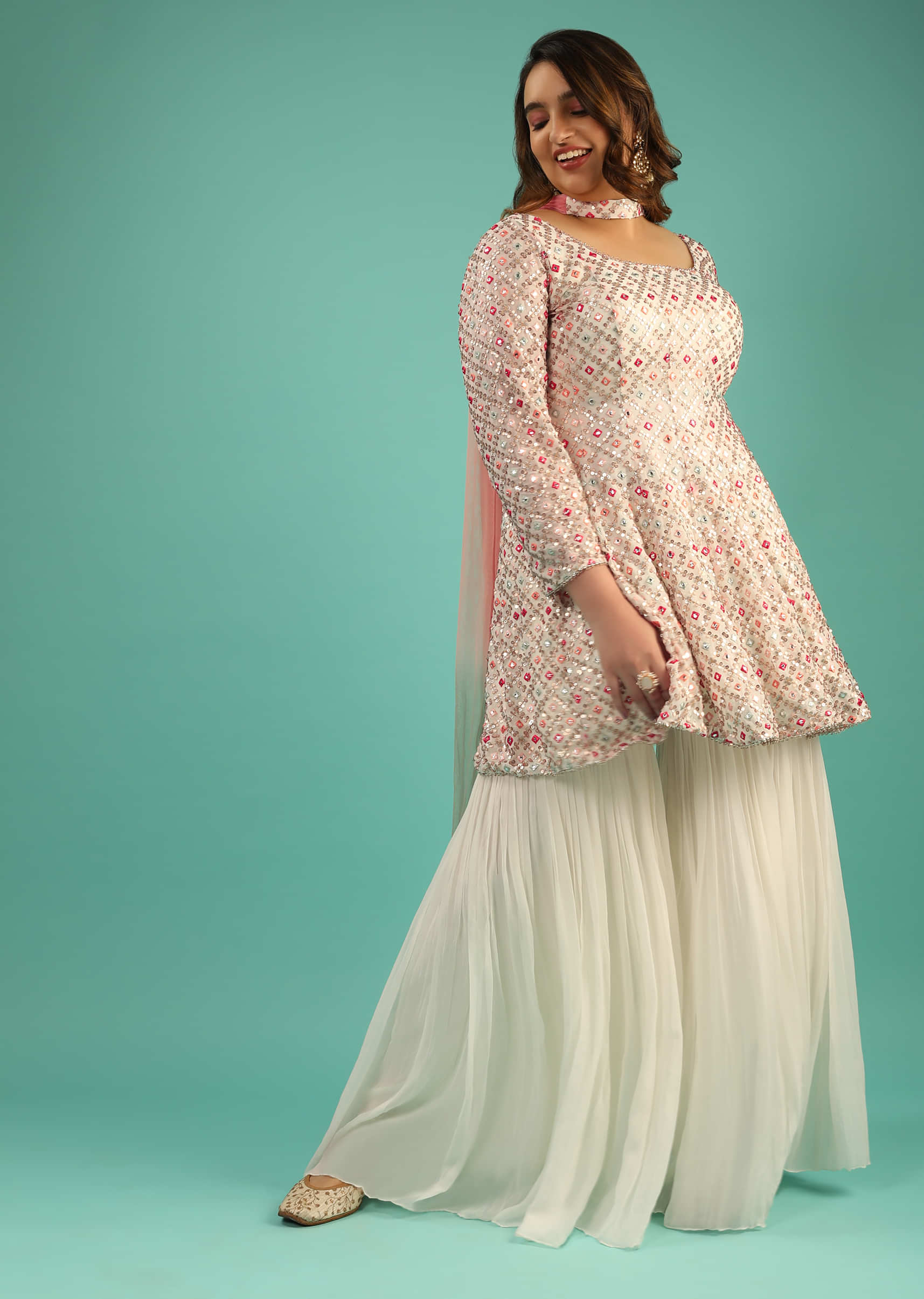 Off-White Georgette Sharara Suit with Peplum Kurti in Colorful Resham and Mirror Abla Jaal