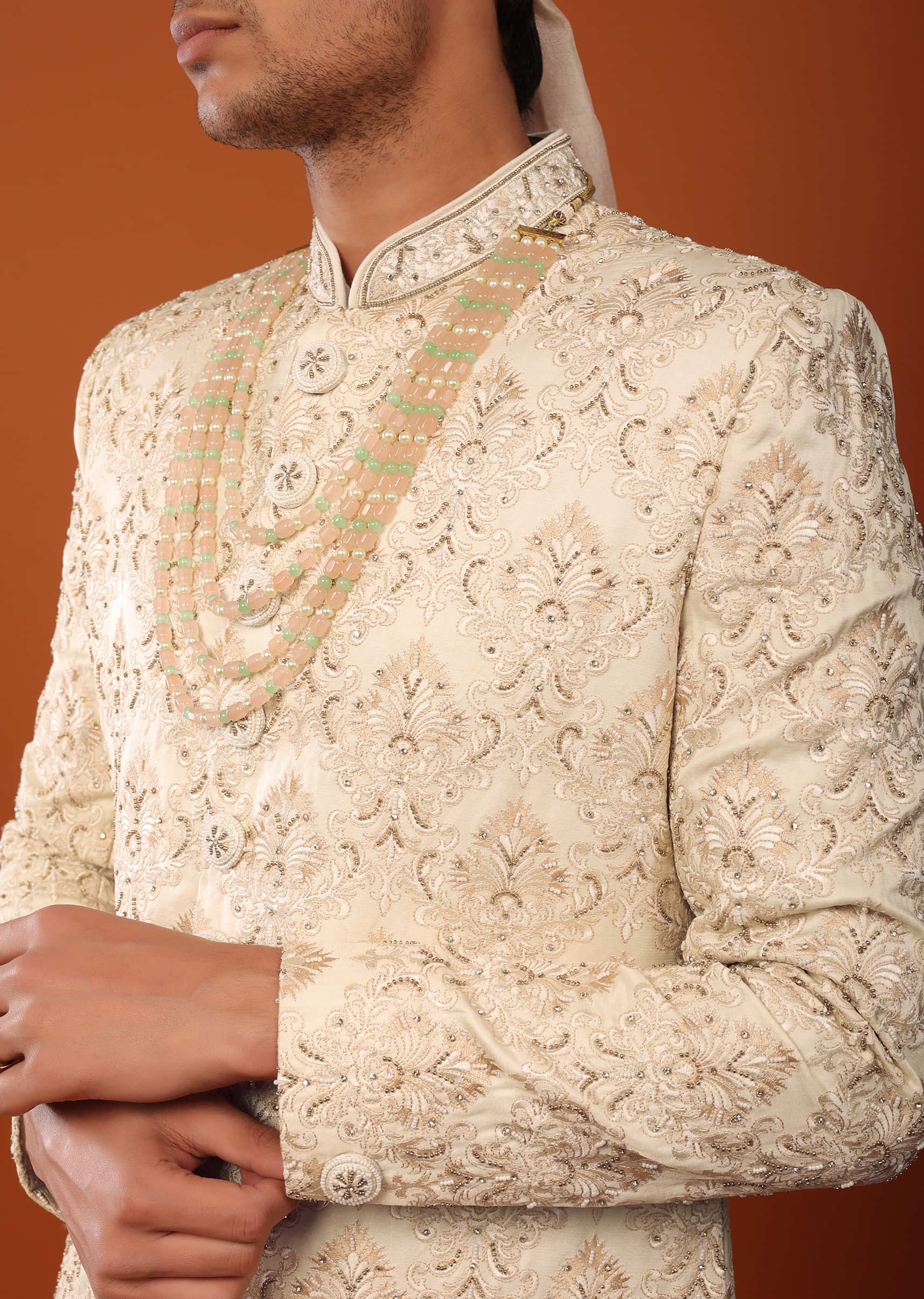 Off White Sherwani Set In Silk With Cut Dana Embroidery