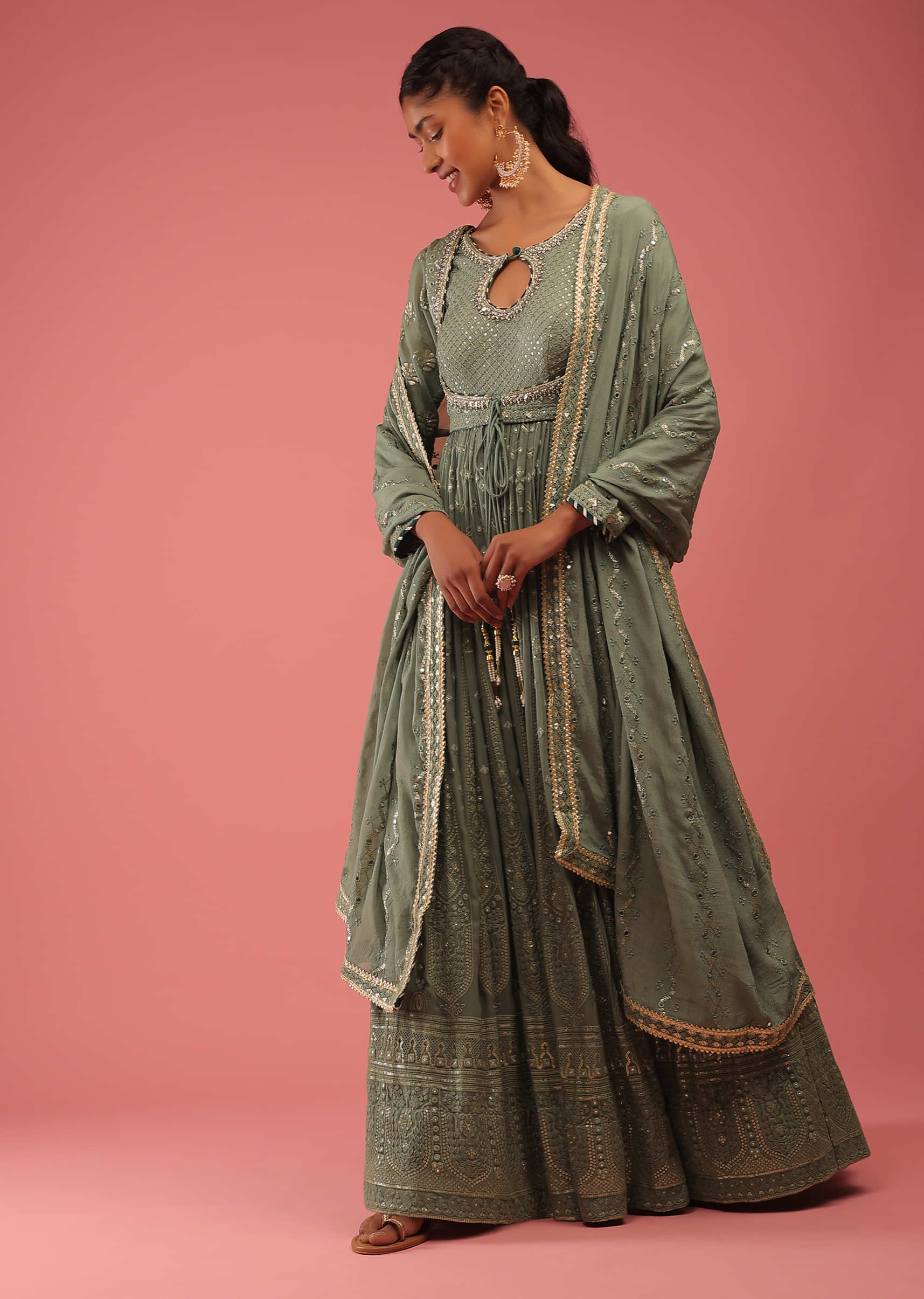 Oil Green Anarkali Suit In Lucknowi Embroidery In Kalidar Motifs, Crafted In Georgette With An Attachable Jacket In 3/4Th Sleeves