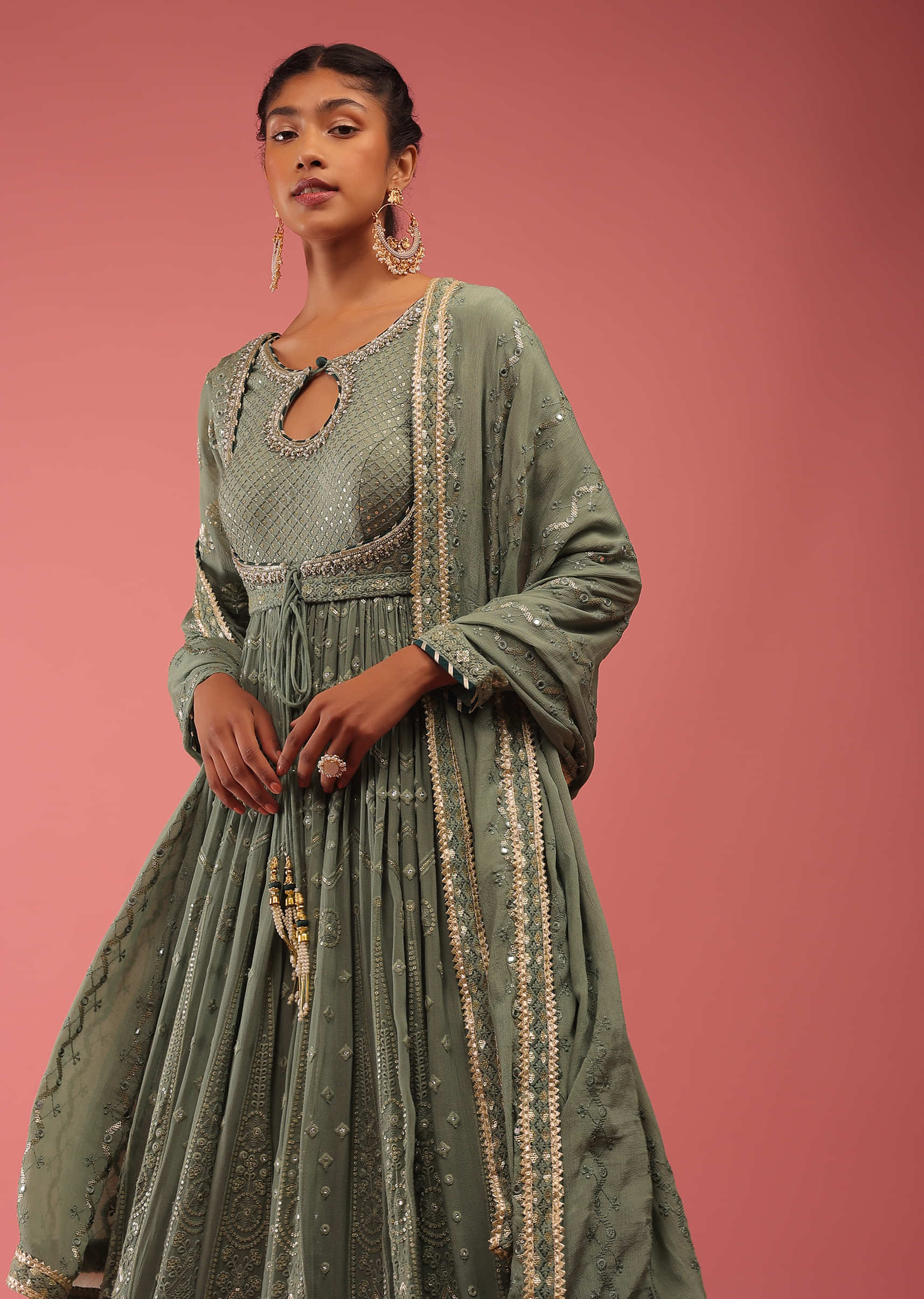 Oil Green Anarkali Suit In Lucknowi Embroidery In Kalidar Motifs, Crafted In Georgette With An Attachable Jacket In 3/4Th Sleeves