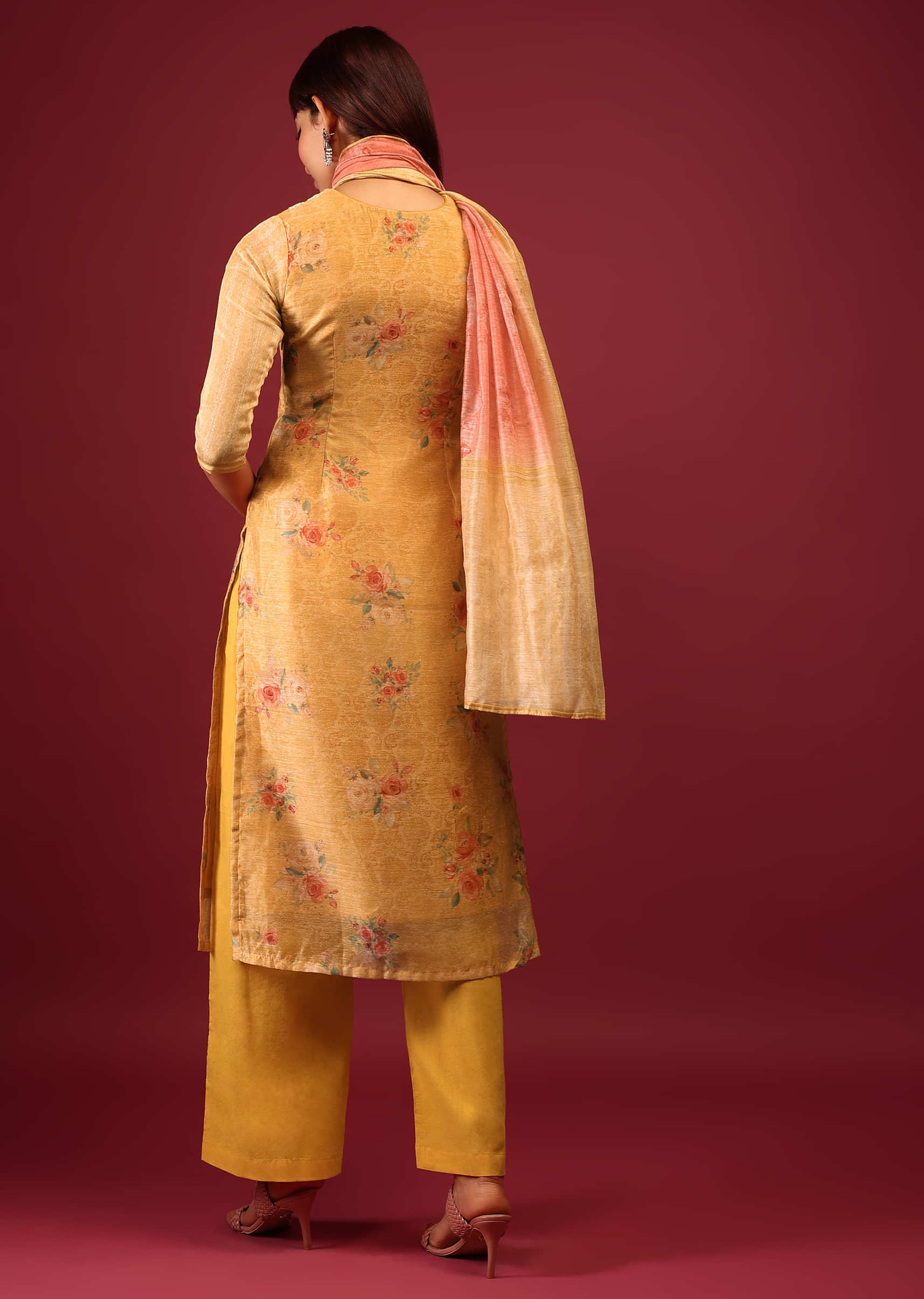Mustard Yellow Floral Print Palazzo Suit In U Neckline With Thread And Zari Embroidery