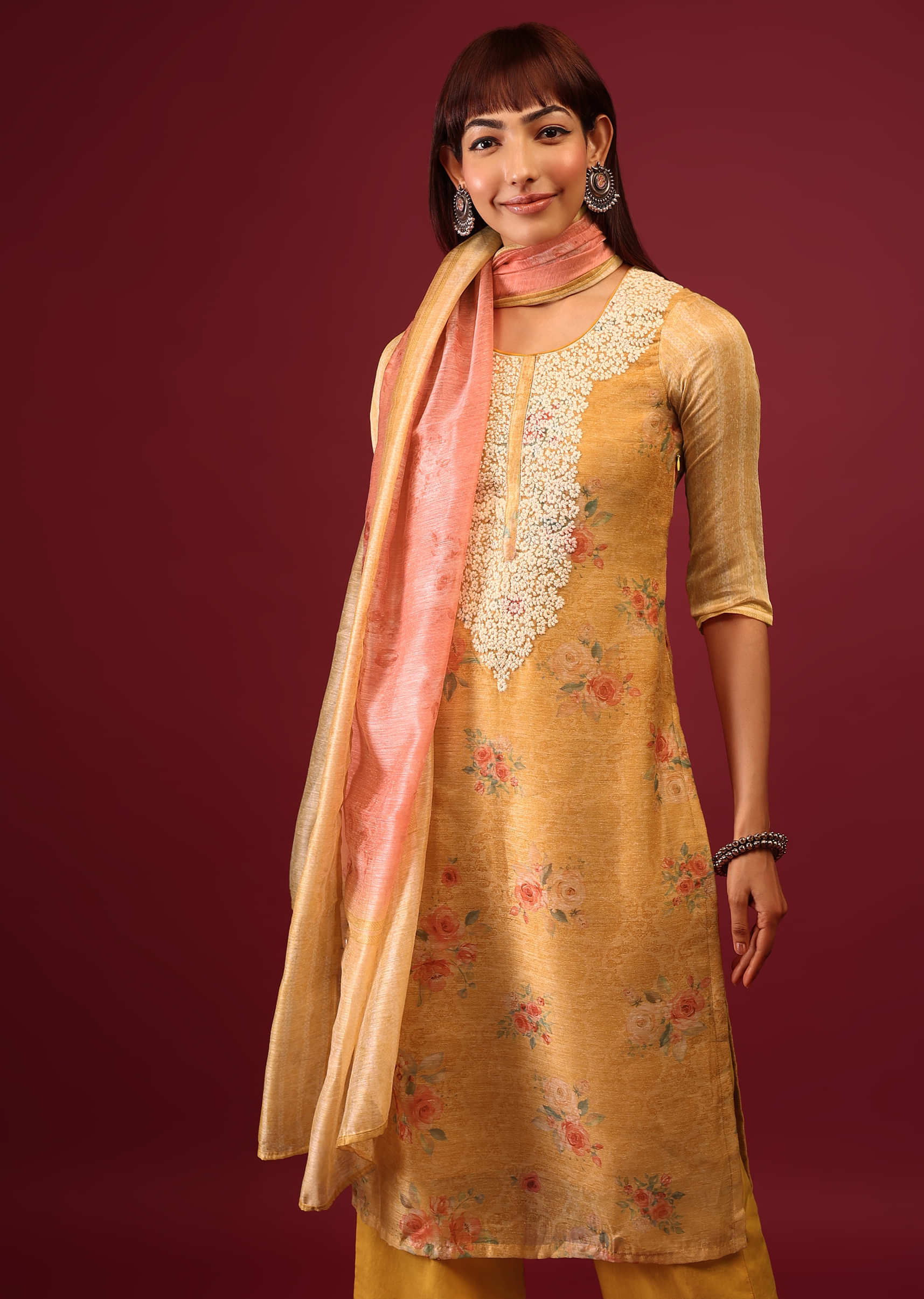 Mustard Yellow Floral Print Palazzo Suit In U Neckline With Thread And Zari Embroidery