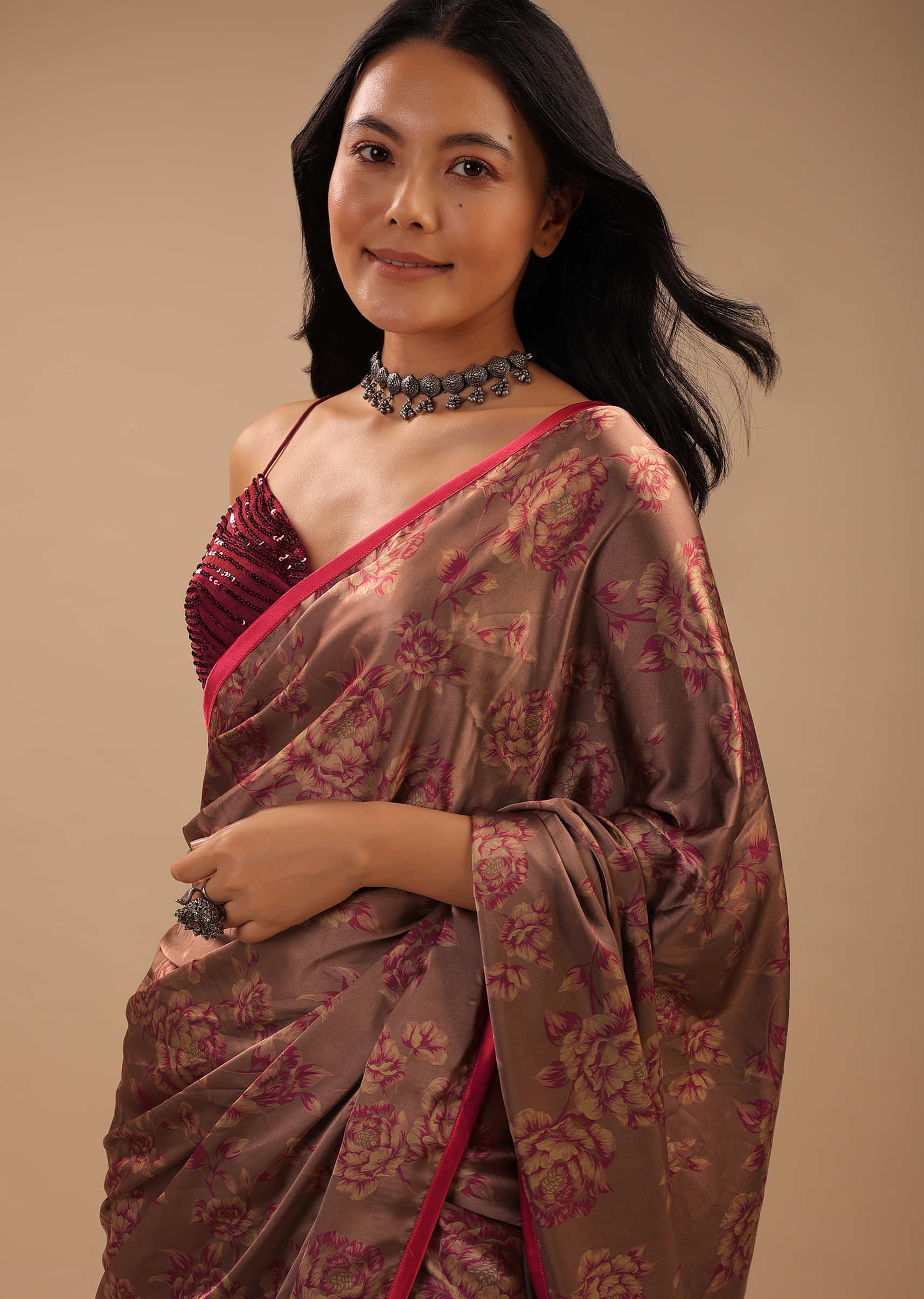 Old Rose Pink Saree With Satin Borders And Floral Print
