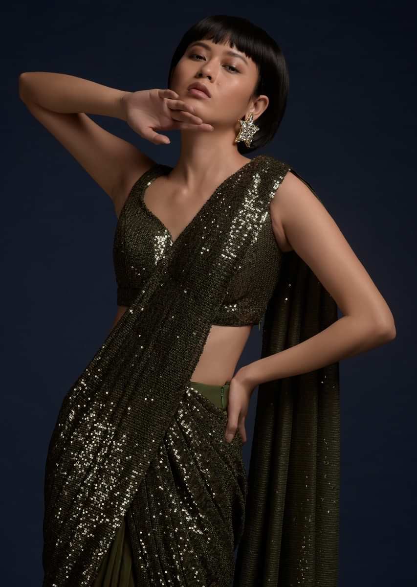 Olive Green Ready Pleated Saree In Crepe With Sequins Pallu And Matching Sleeveless Blouse