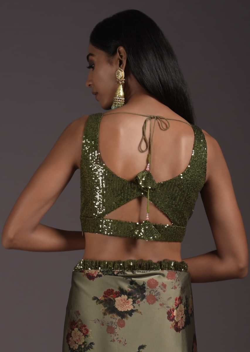 Olive Green Sleeveless Blouse Embellished In Sequins With Cut Outs In The Front And Back