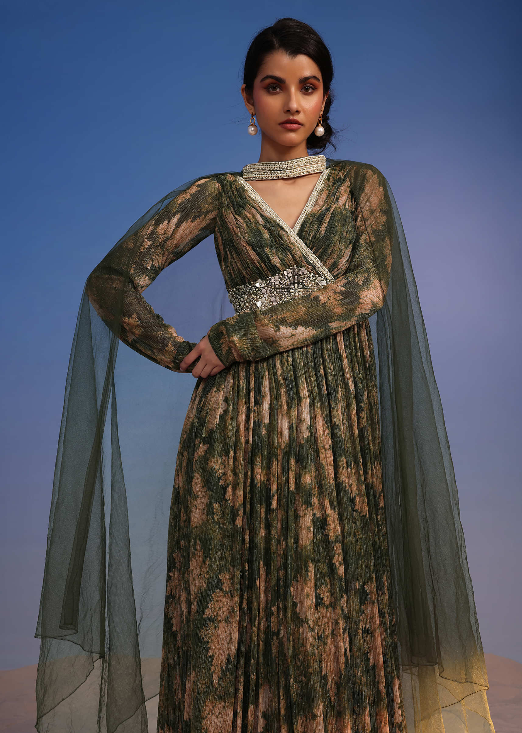 Olive Green Anarkali Suit In Crush With Floral Print And Embroidered Choker Dupatta