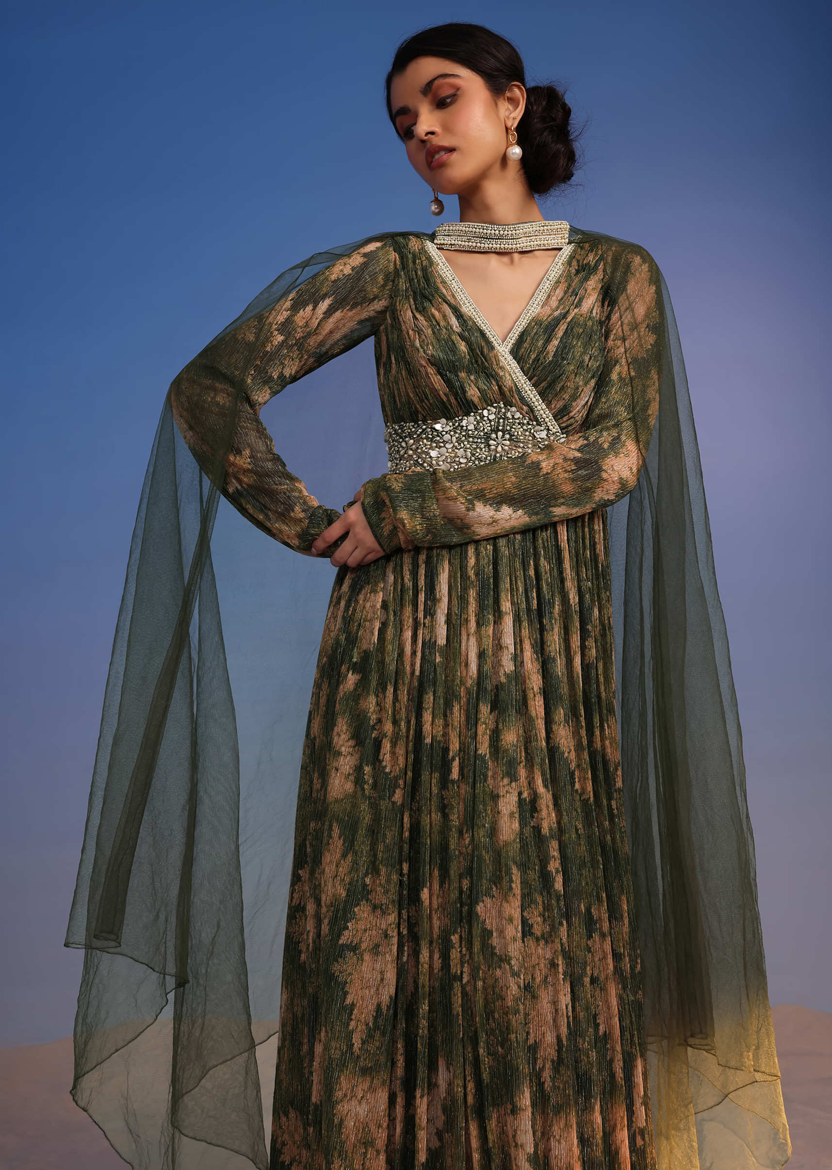 Olive Green Anarkali Suit In Crush With Floral Print And Embroidered Choker Dupatta