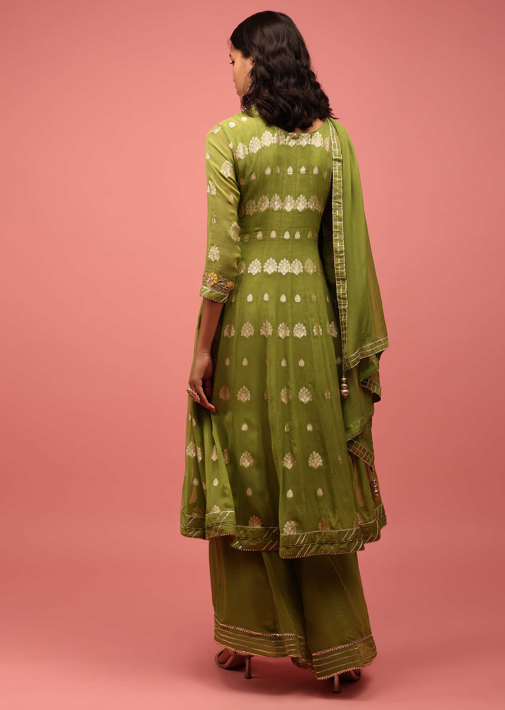 Olive Green Anarkali Suit Set In Banarasi Georgette, Embellished With Brocade And Zardosi Work