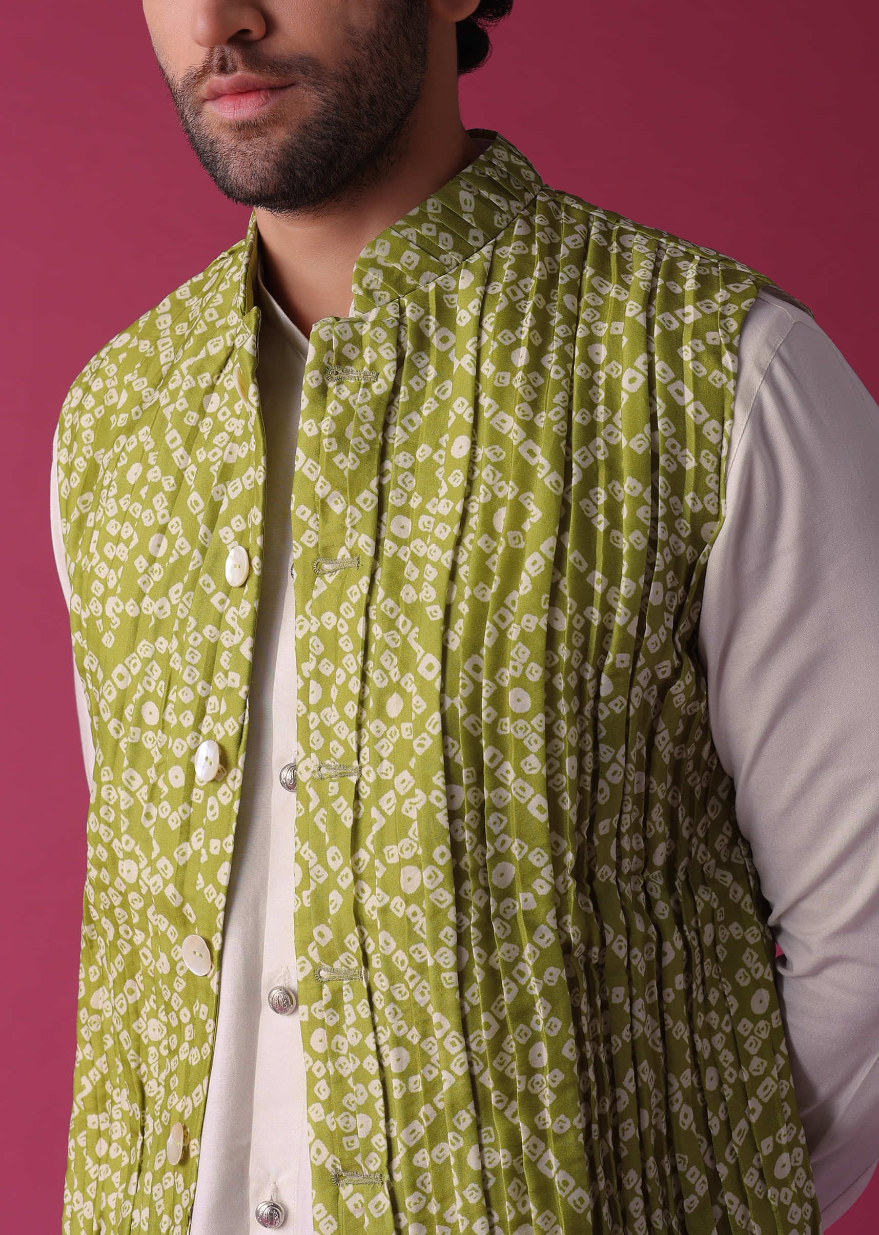 Olive Green Jacket Kurta Set In Tussar Silk With Bandhani Print