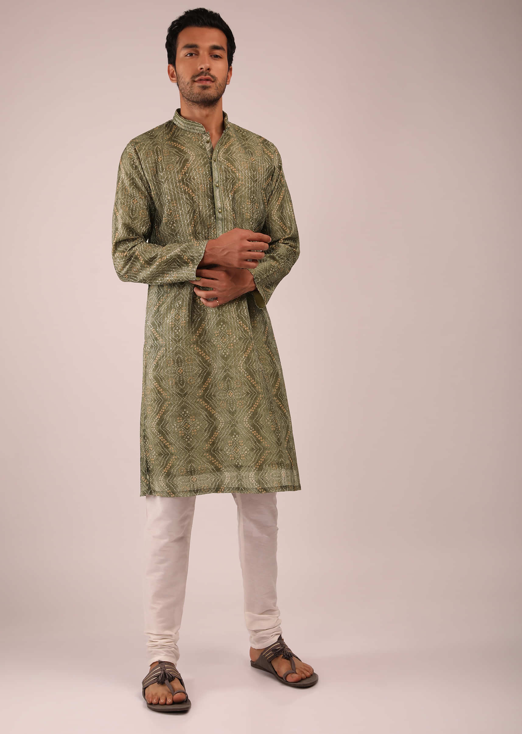 Olive Green Kurta Set In Silk With Bandhani Jaal And Sequin Accents