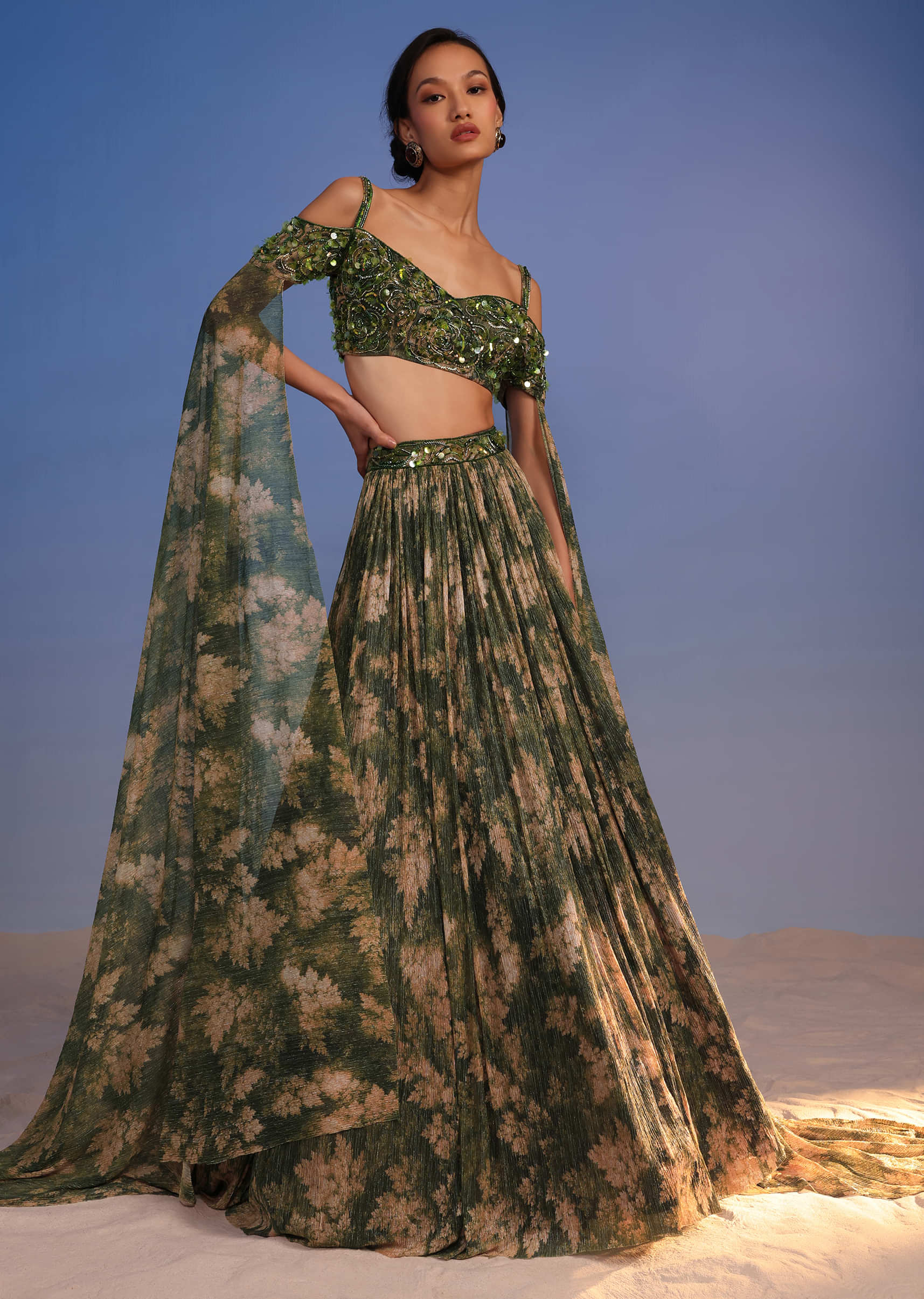 Olive Green Lehenga Set In Crush With Floral Print And Embroidered Blouse