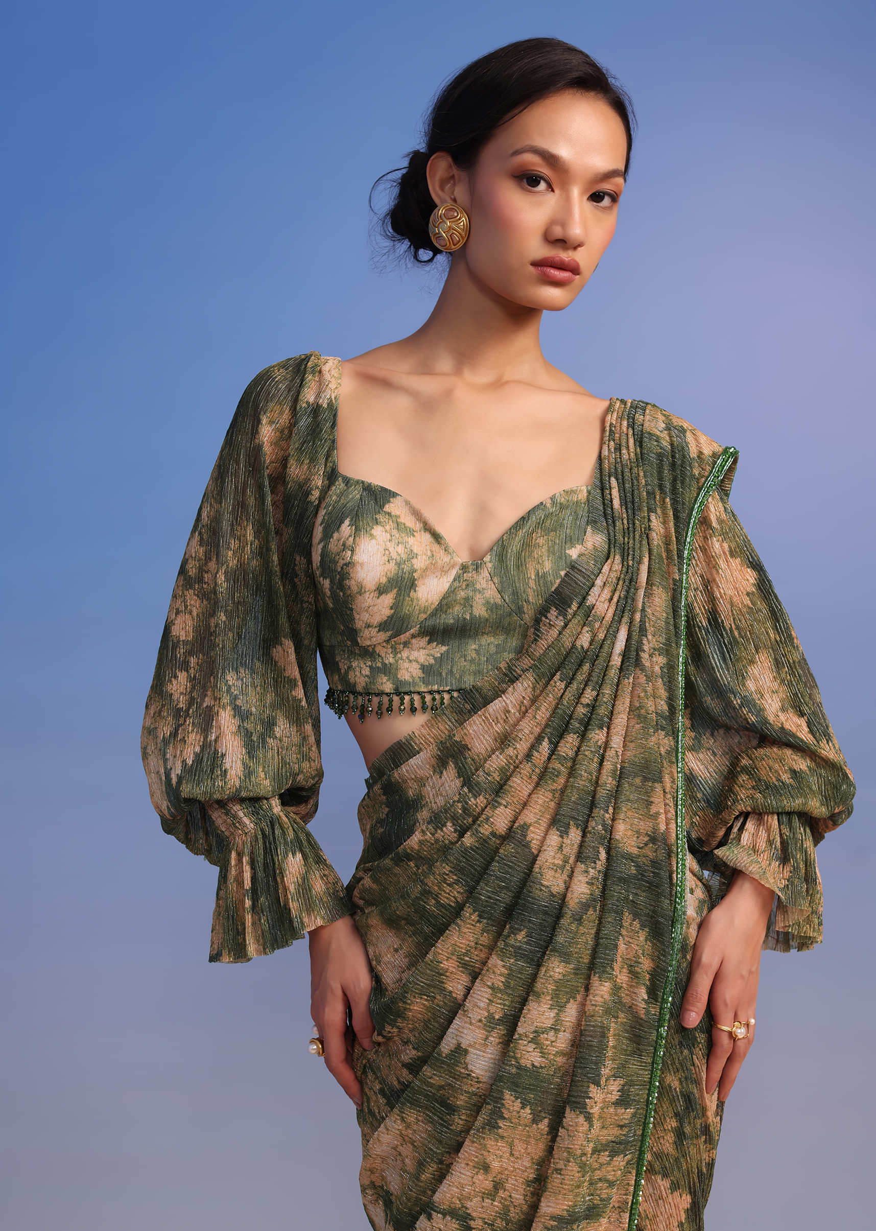 Olive Green Ready-To-Wear Saree In Crush With Floral Print