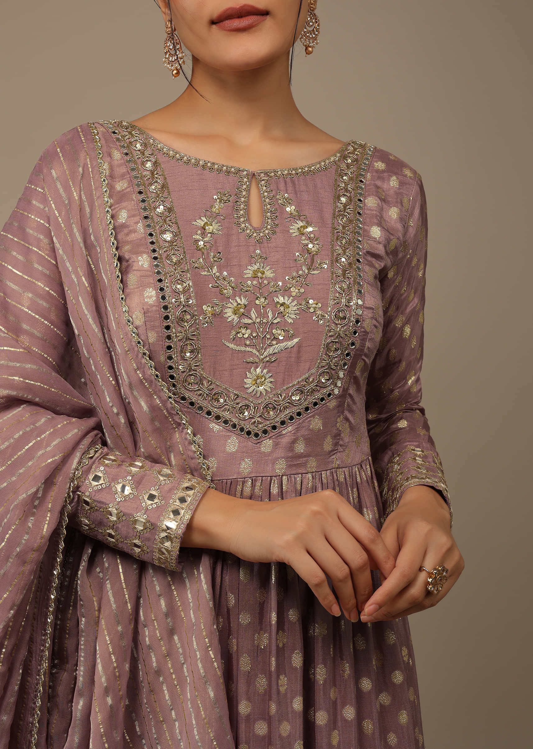 Onion Pink Embroidered Palazzo Suit Set In Banarasi Brocade Silk