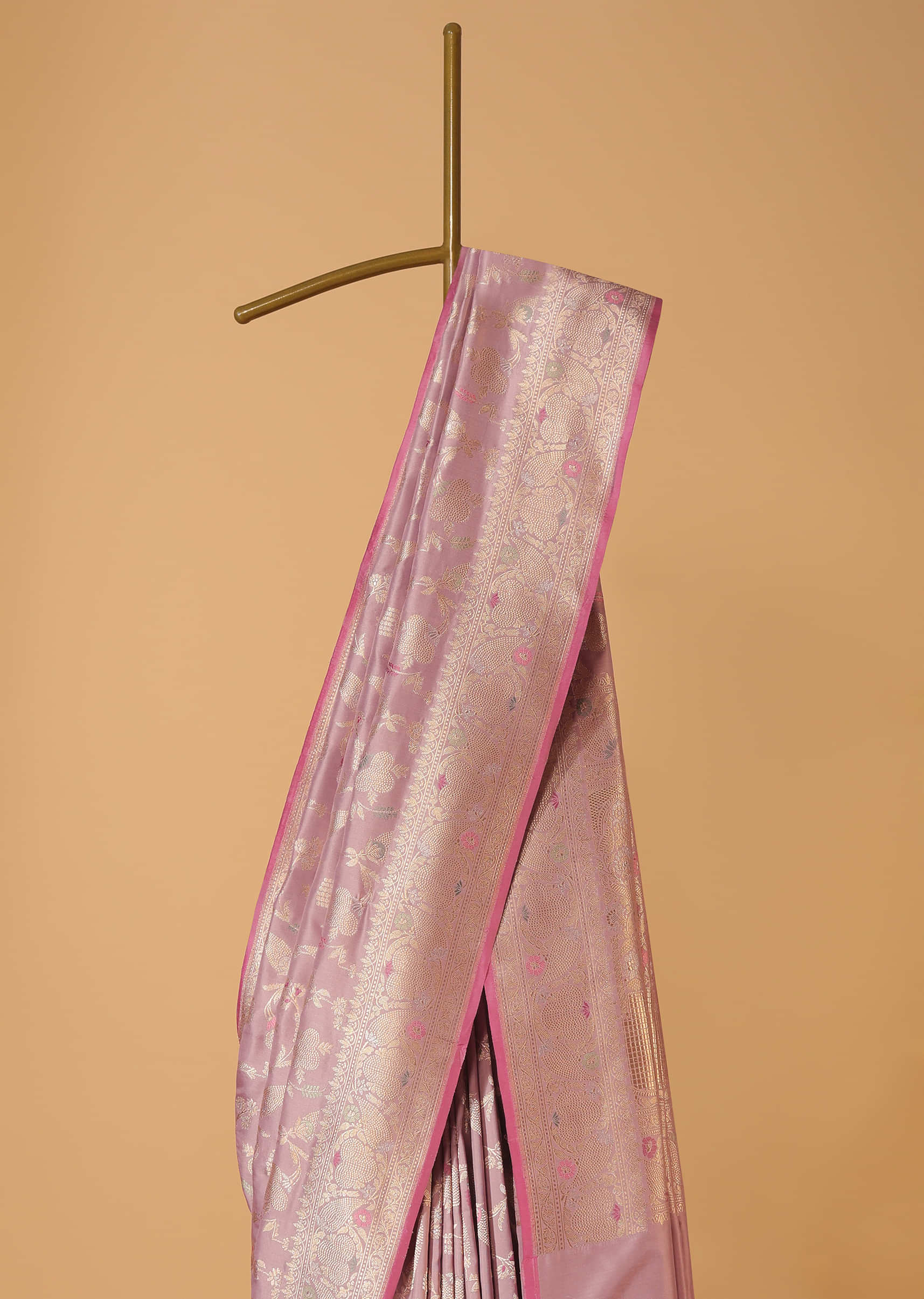 Onion Pink Handloom Banarasi Saree In Uppada Silk With Meenakari Weave And Unstitched Blouse