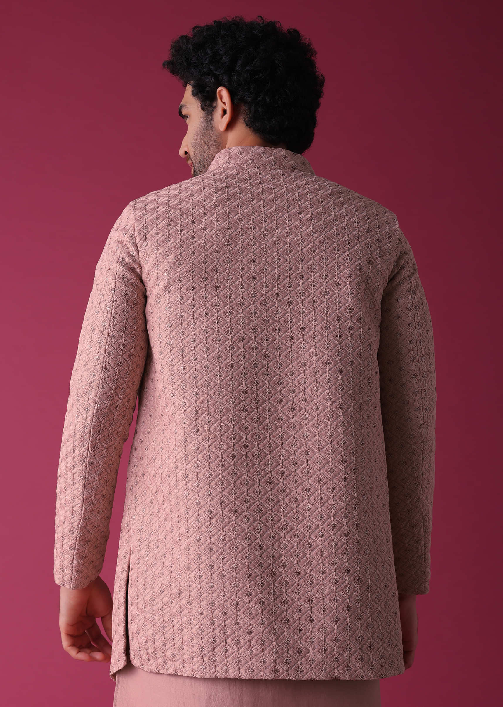 Onion Pink Jacket Kurta Set In Silk Blend With Threadwork And Sequins