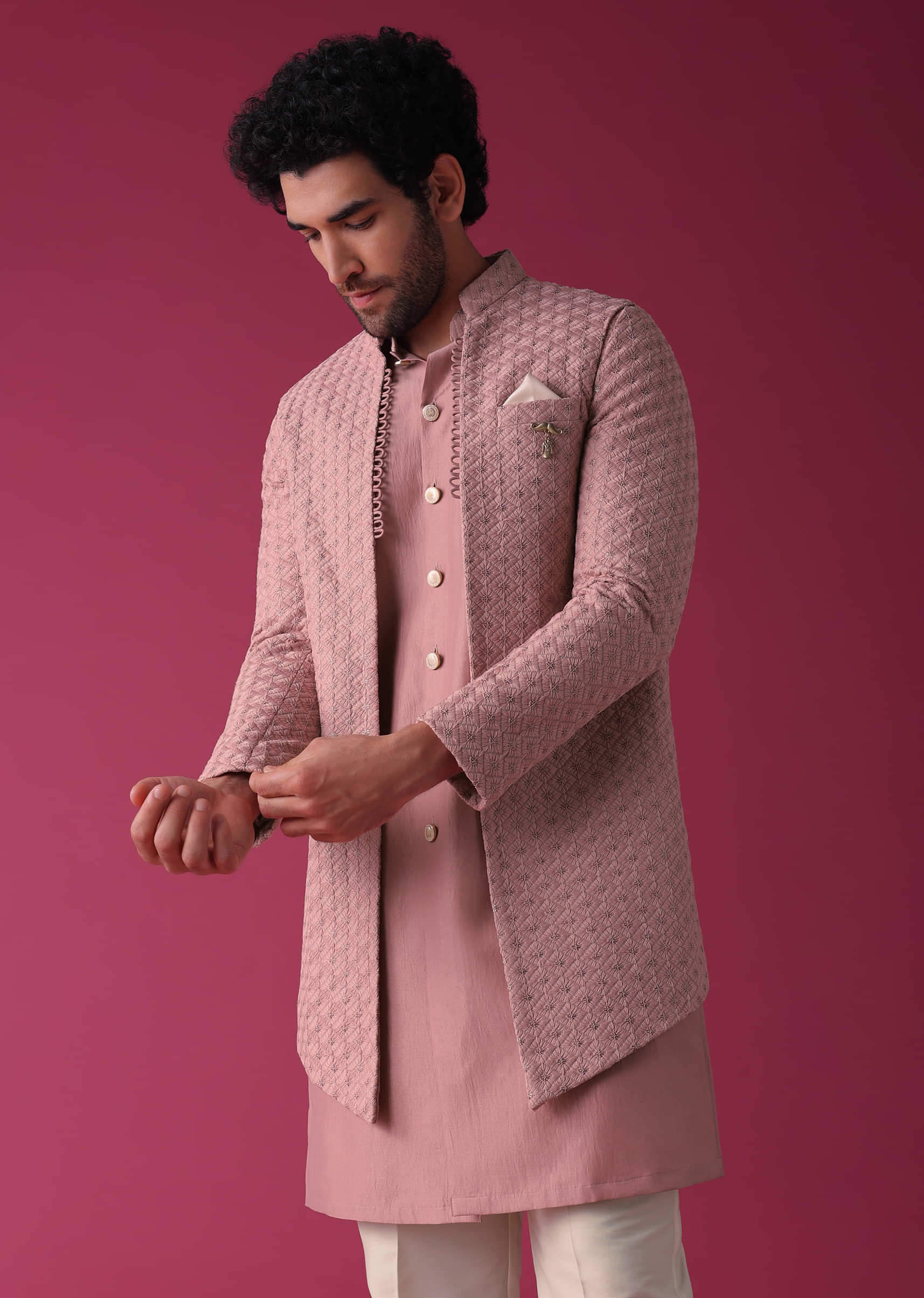 Onion Pink Jacket Kurta Set In Silk Blend With Threadwork And Sequins