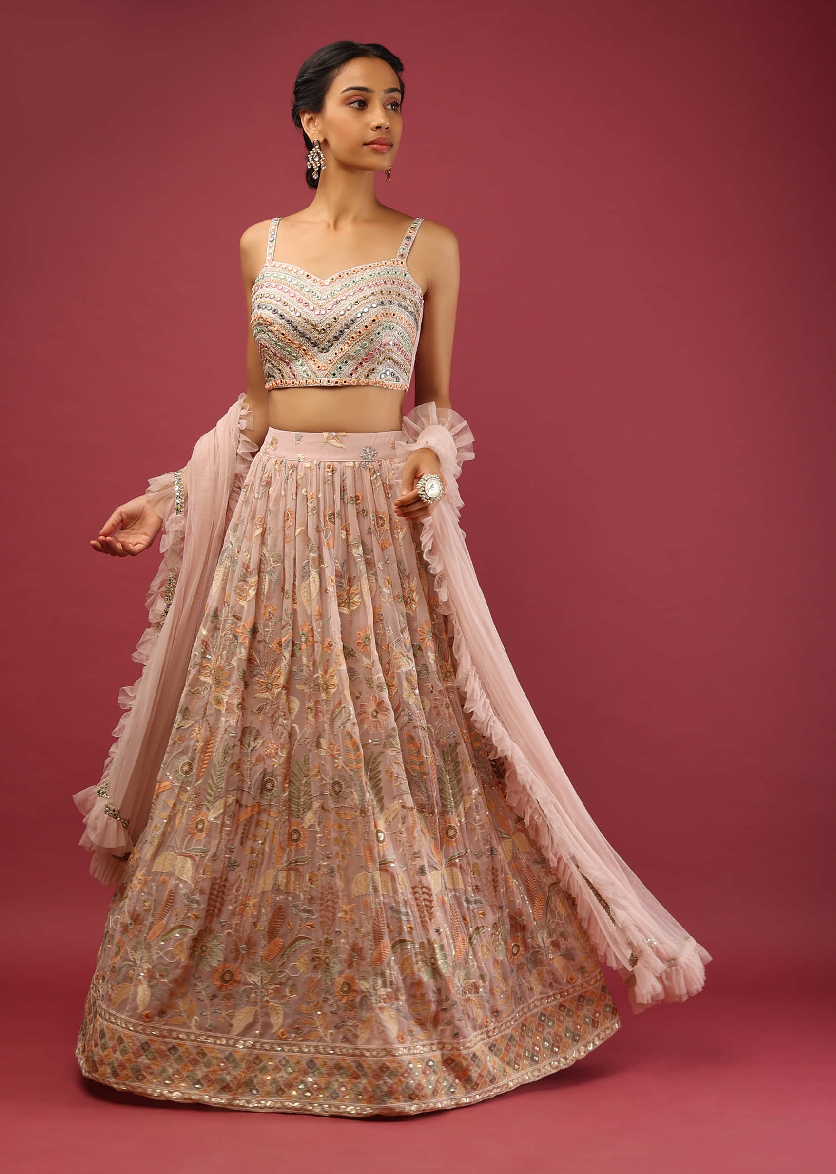 Onion Pink Lehenga Choli In Georgette With Colorful Resham Embroidered Floral Jaal And Mirror Work 