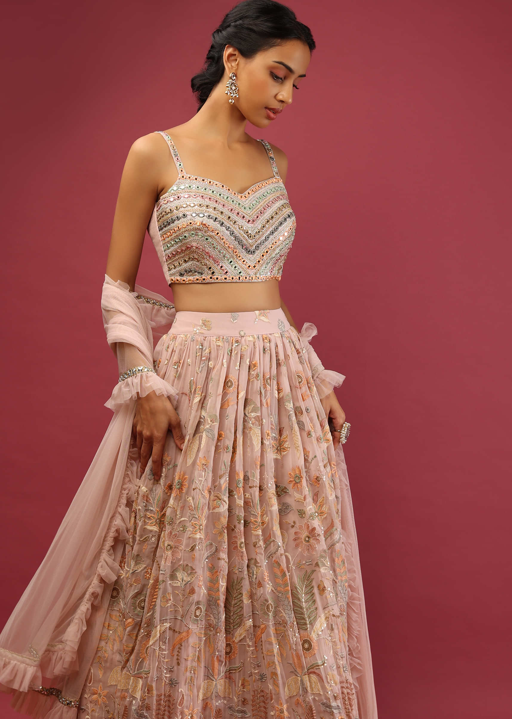 Onion Pink Lehenga Choli In Georgette With Colorful Resham Embroidered Floral Jaal And Mirror Work 