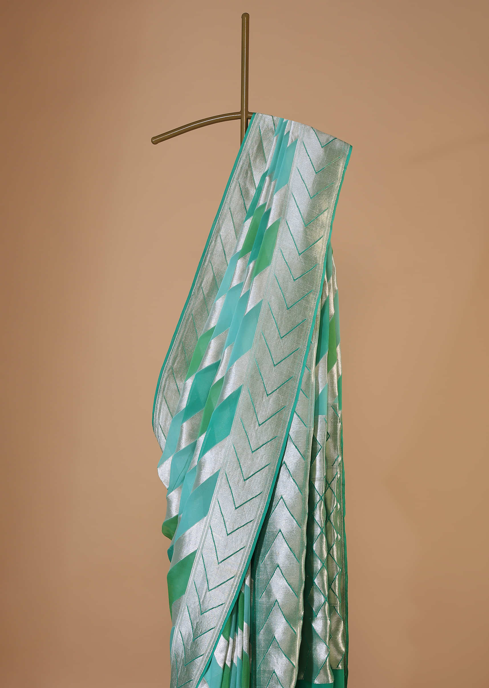 Sea Green Saree In Georgette With Striped Banarasi Zari Weave And An Unstitched Blouse