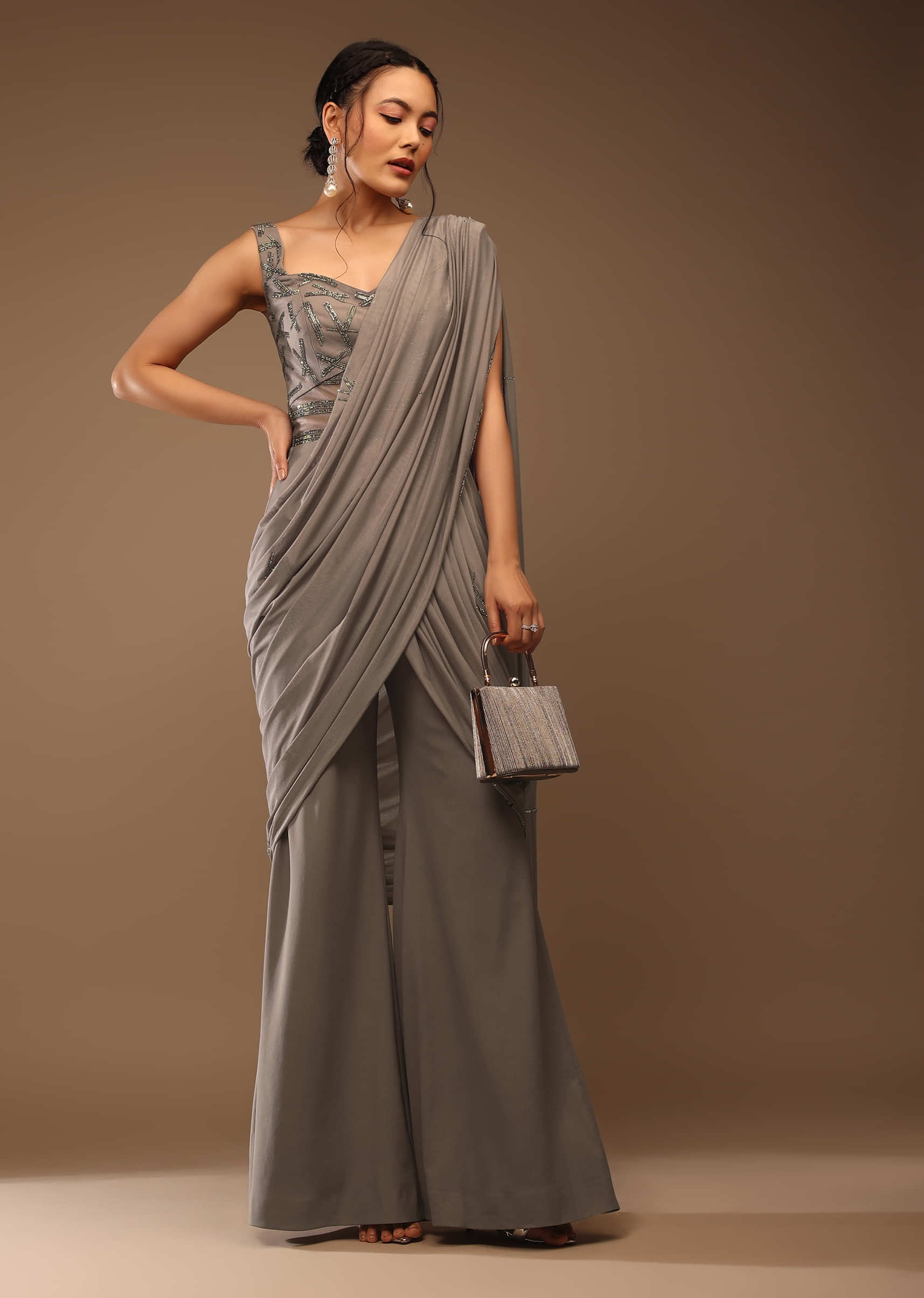 Opal Grey Ready-Pleated Saree Palazzo In Portrait Neckline Sleeveless With The Stones Embellishment In Linings Design