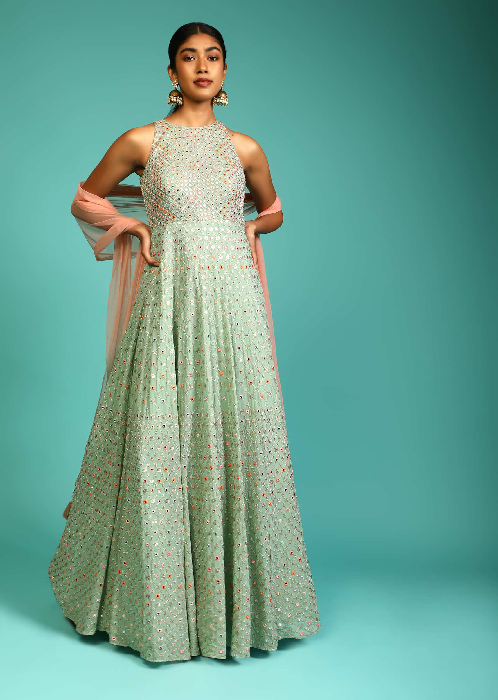 Opaline Green Anarkali Suit In Georgette With Halter Neckline And Multi Colored Resham And Mirror Embroidery All Over