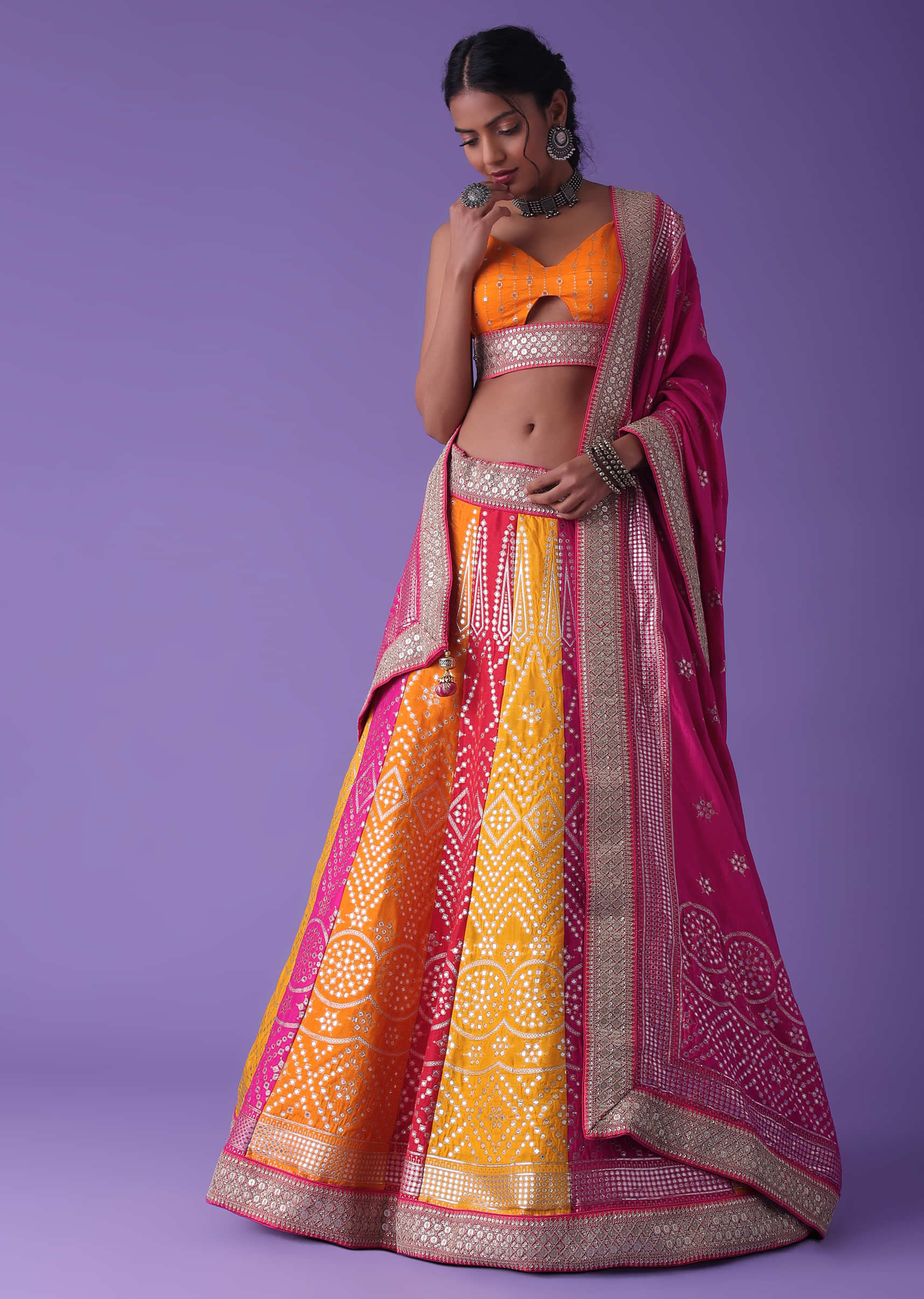 Tangerine Orange And Azalea Pink Lehenga In Woven Banarasi Silk
