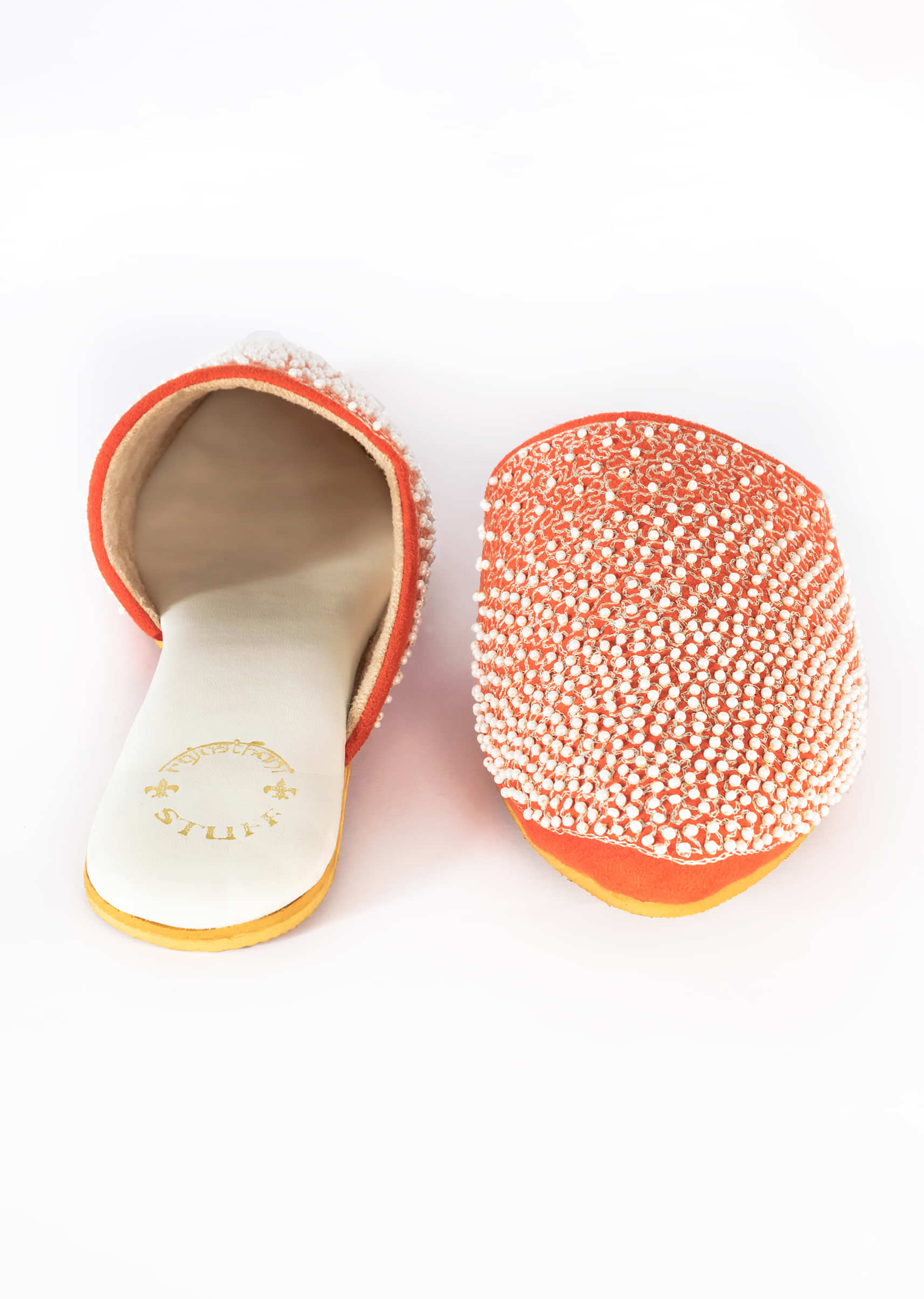 Fiery Orange Embroidered Mules In Suede With Beads Work
