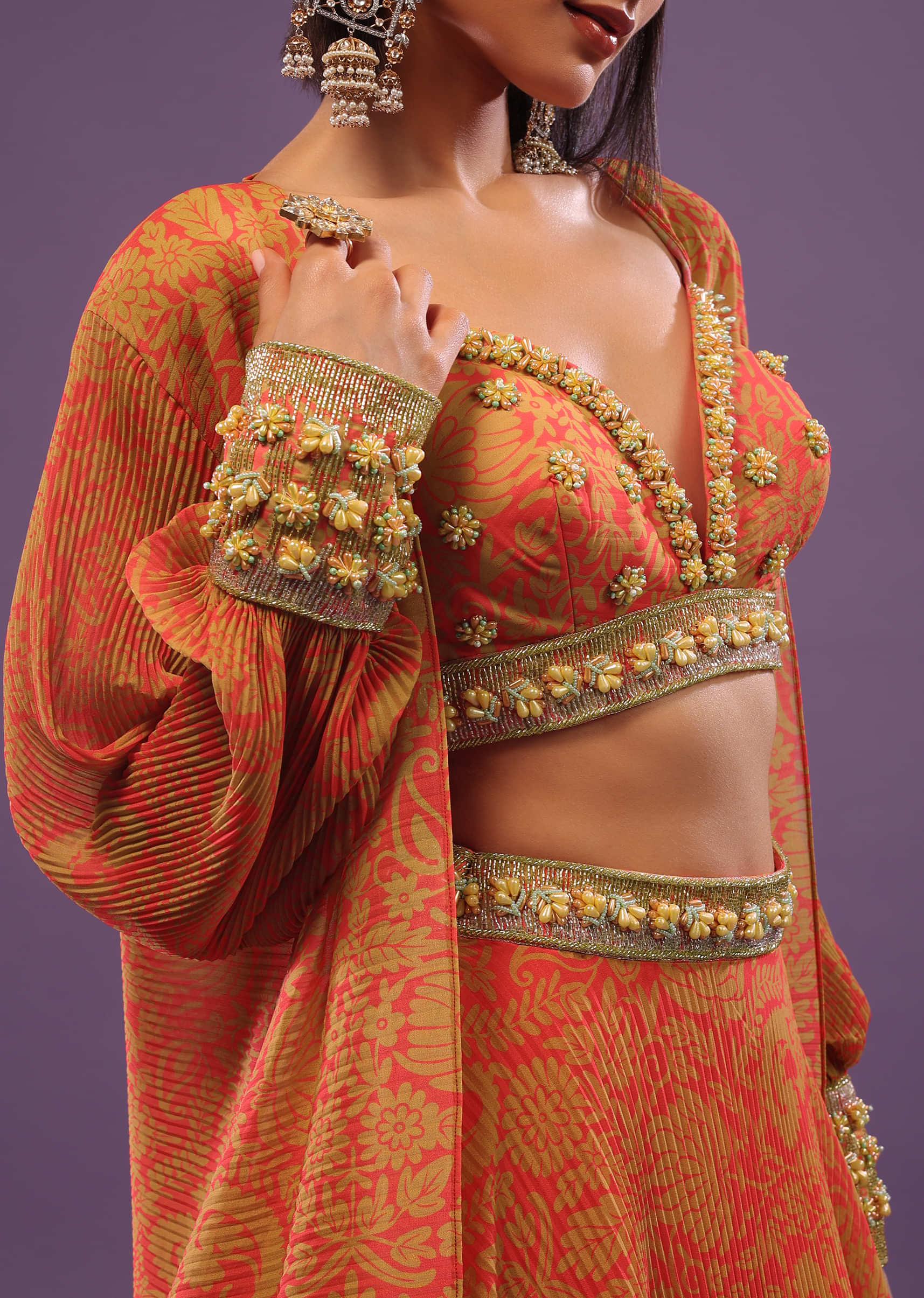 Fire Orange Printed Lehenga With Embroidered Blouse