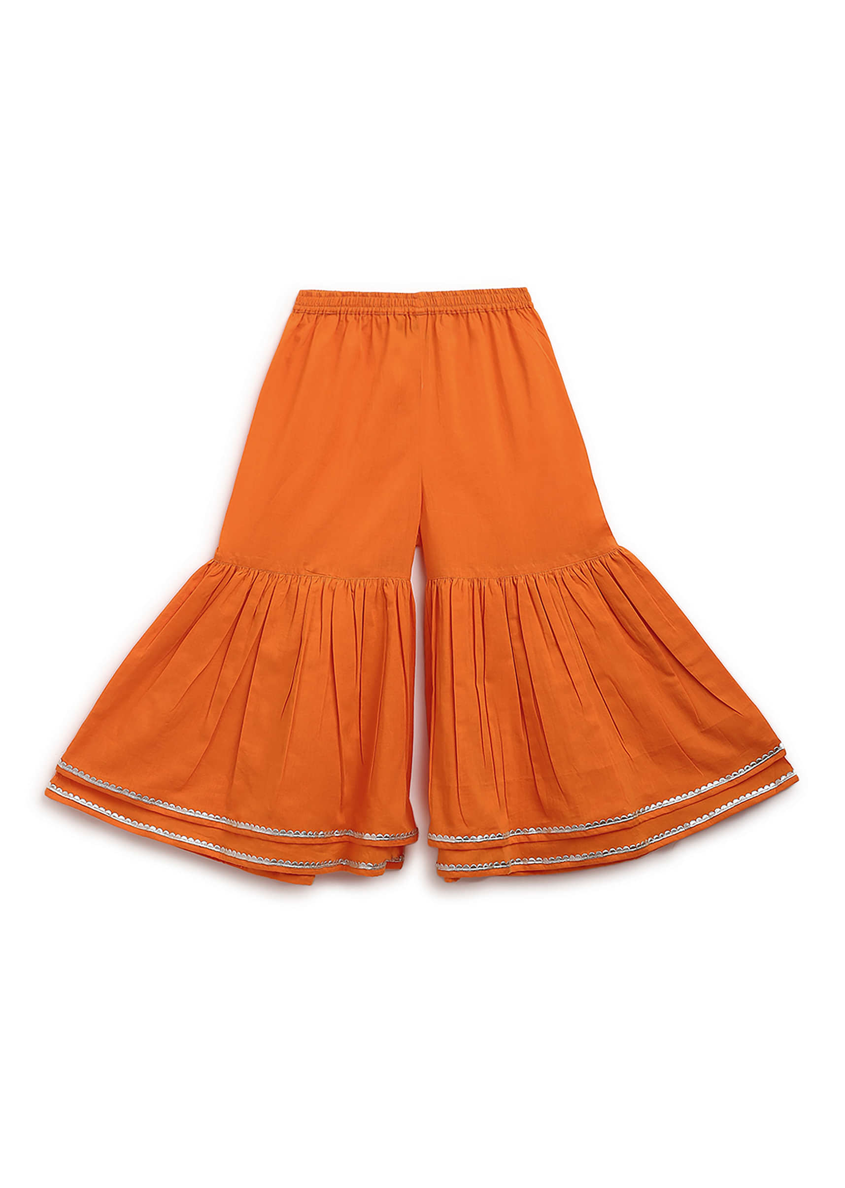 Kalki Girls Orange Sharara Suit In Cotton With A Flared Mango Printed Kurti By Tiber Taber