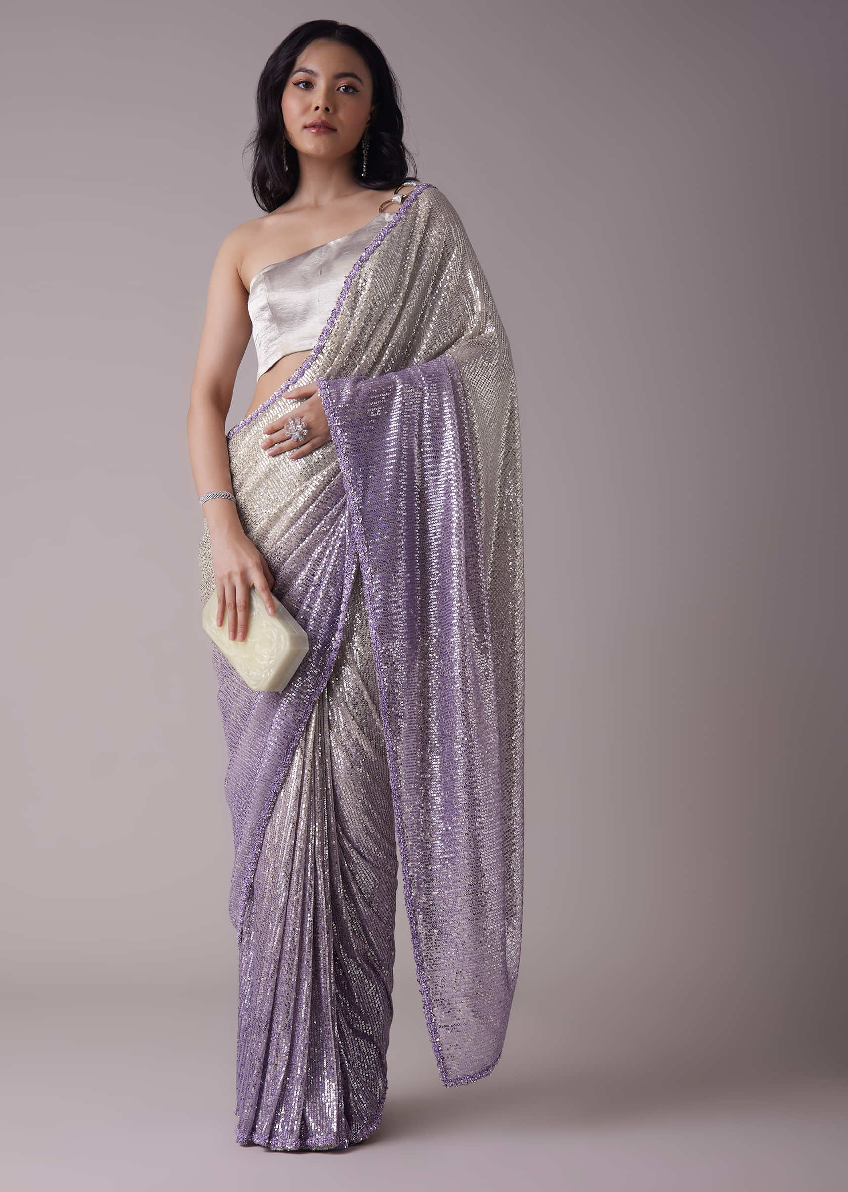 Lavender Purple Ombre Sequins Saree With An Embellished Border