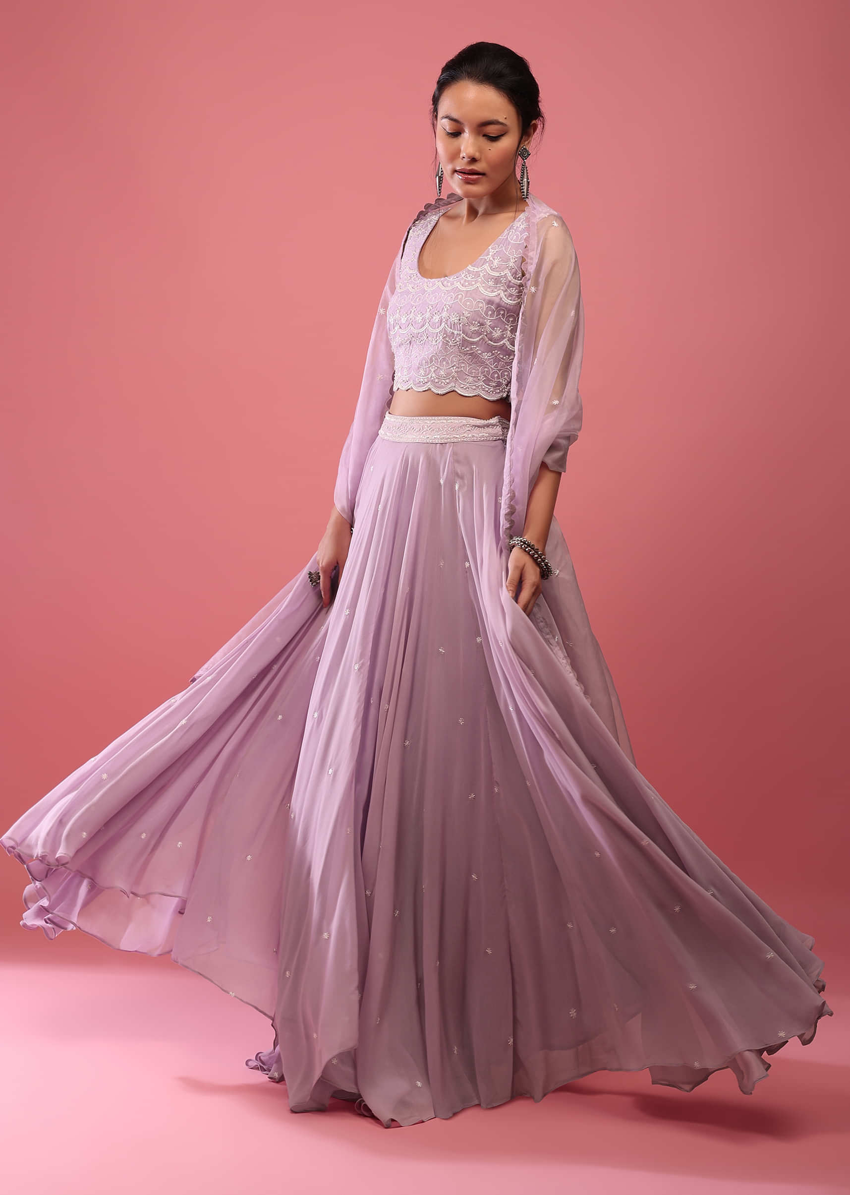 Lavender Purple Lehenga In Georgette With Fully Embroidered Blouse And Organza Dupatta