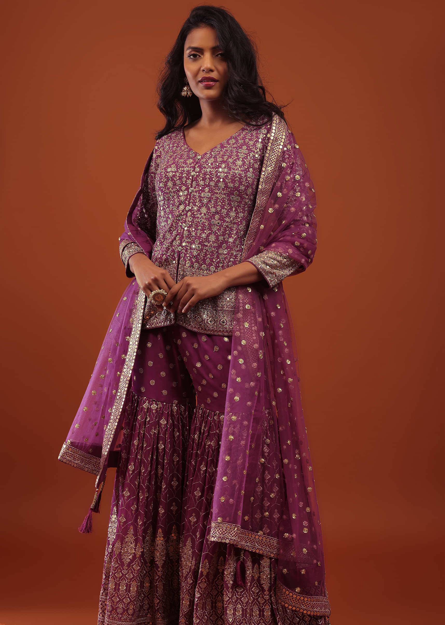Orchid Purple Embroidered Sharara Suit In Georgette