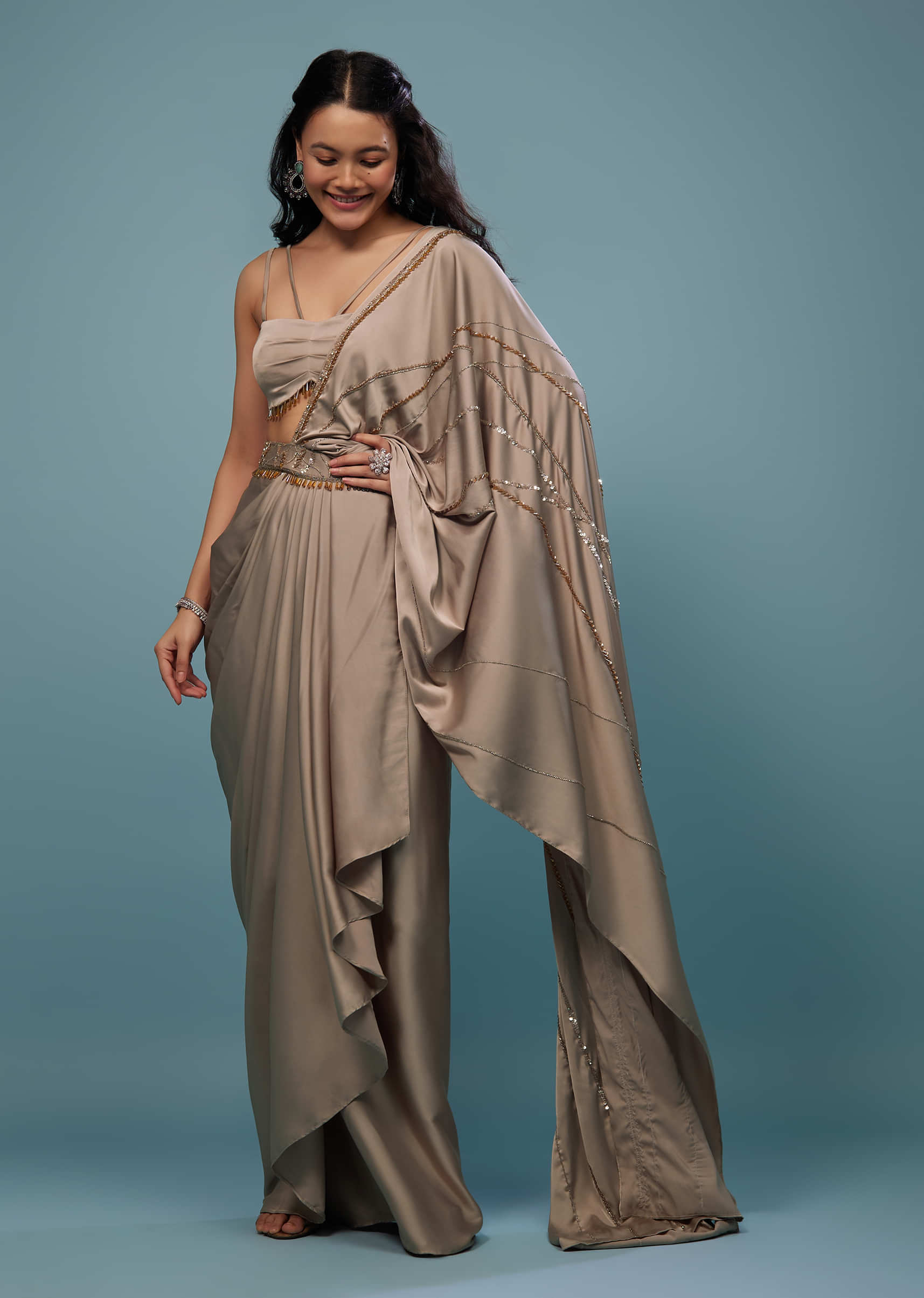 Taupe Brown Embroidered Ready-Pleated Satin Saree
