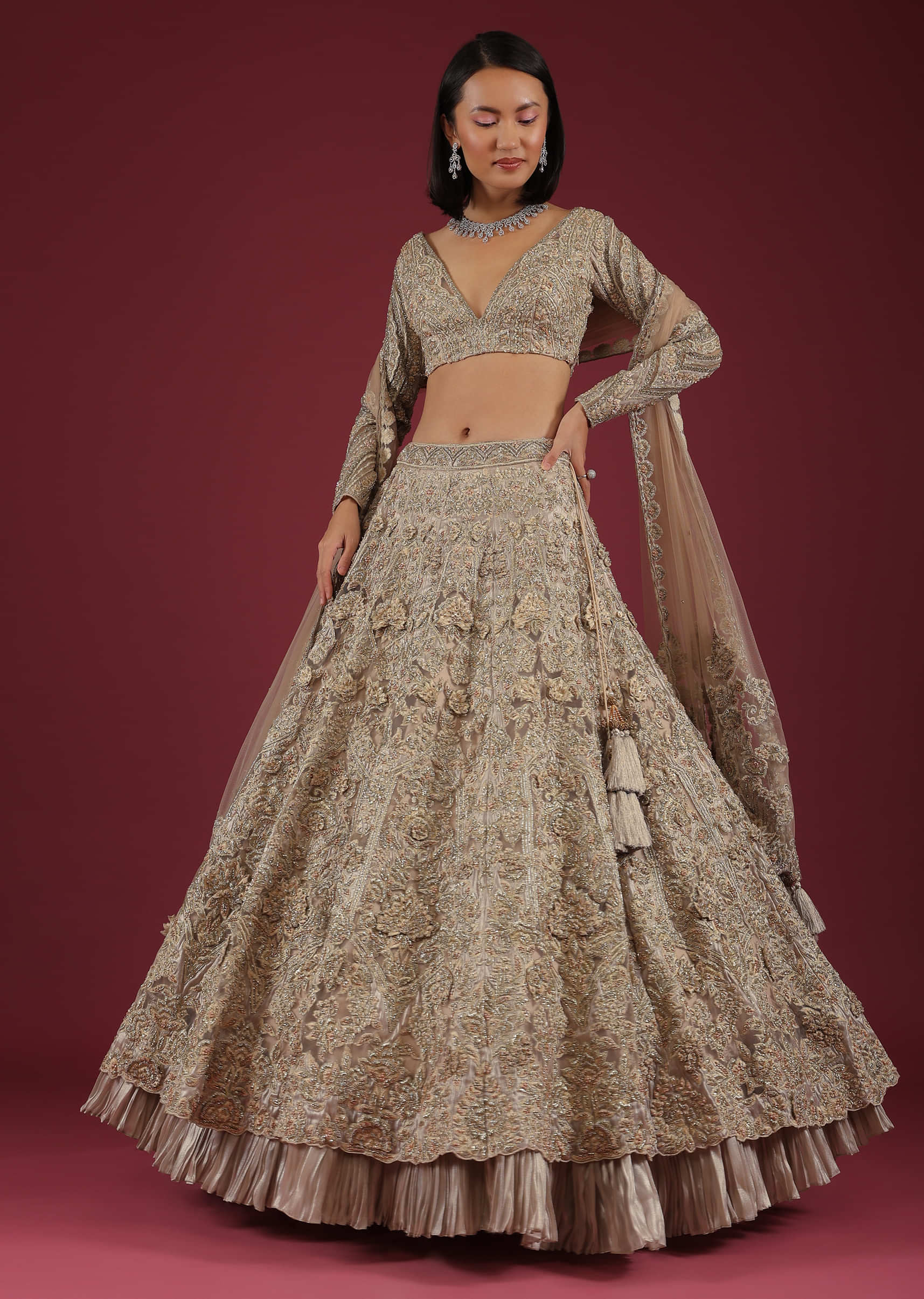 Oyster Royal Heritage Lehenga And Choli With Detailed Hand Embroidered Floral Kalis And Plunging Neckline