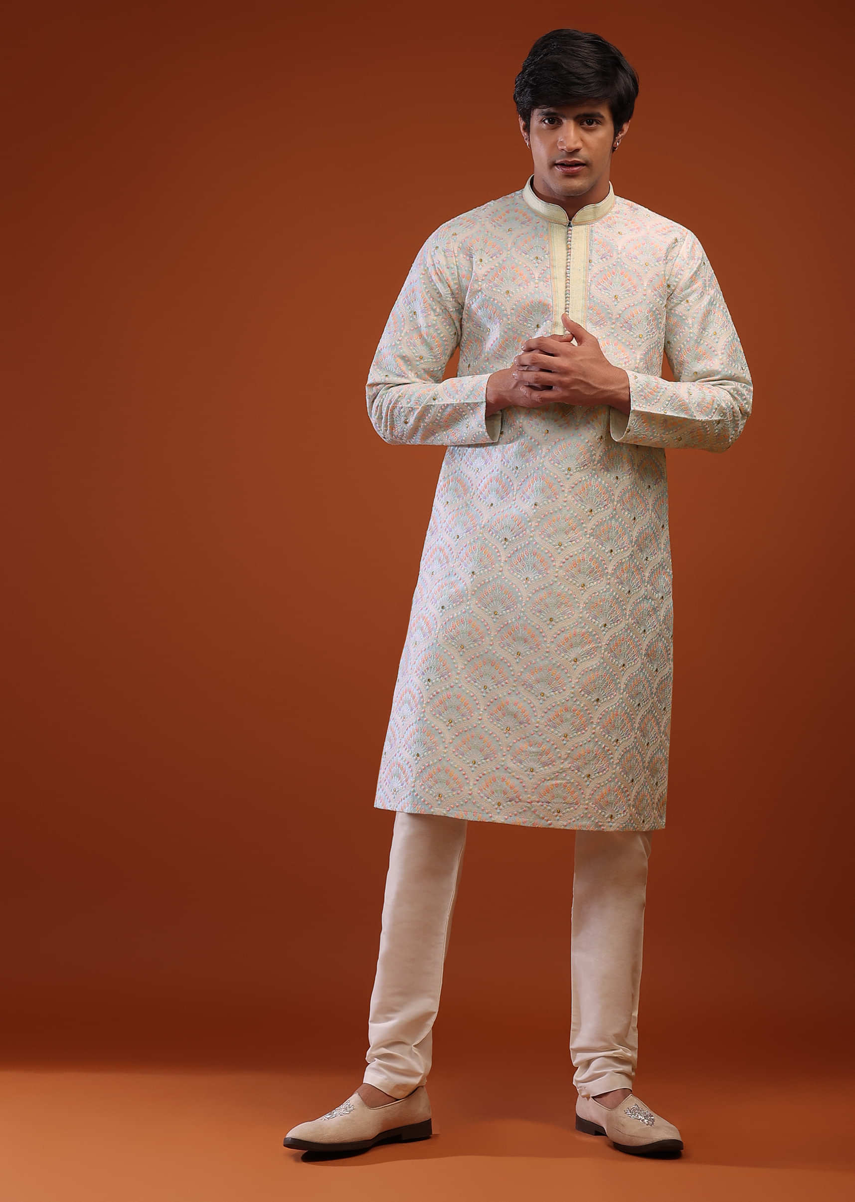Pale Blue Raw Silk Lucknowi Kurta Set With Floral Print And Zari Embroidery Buttis